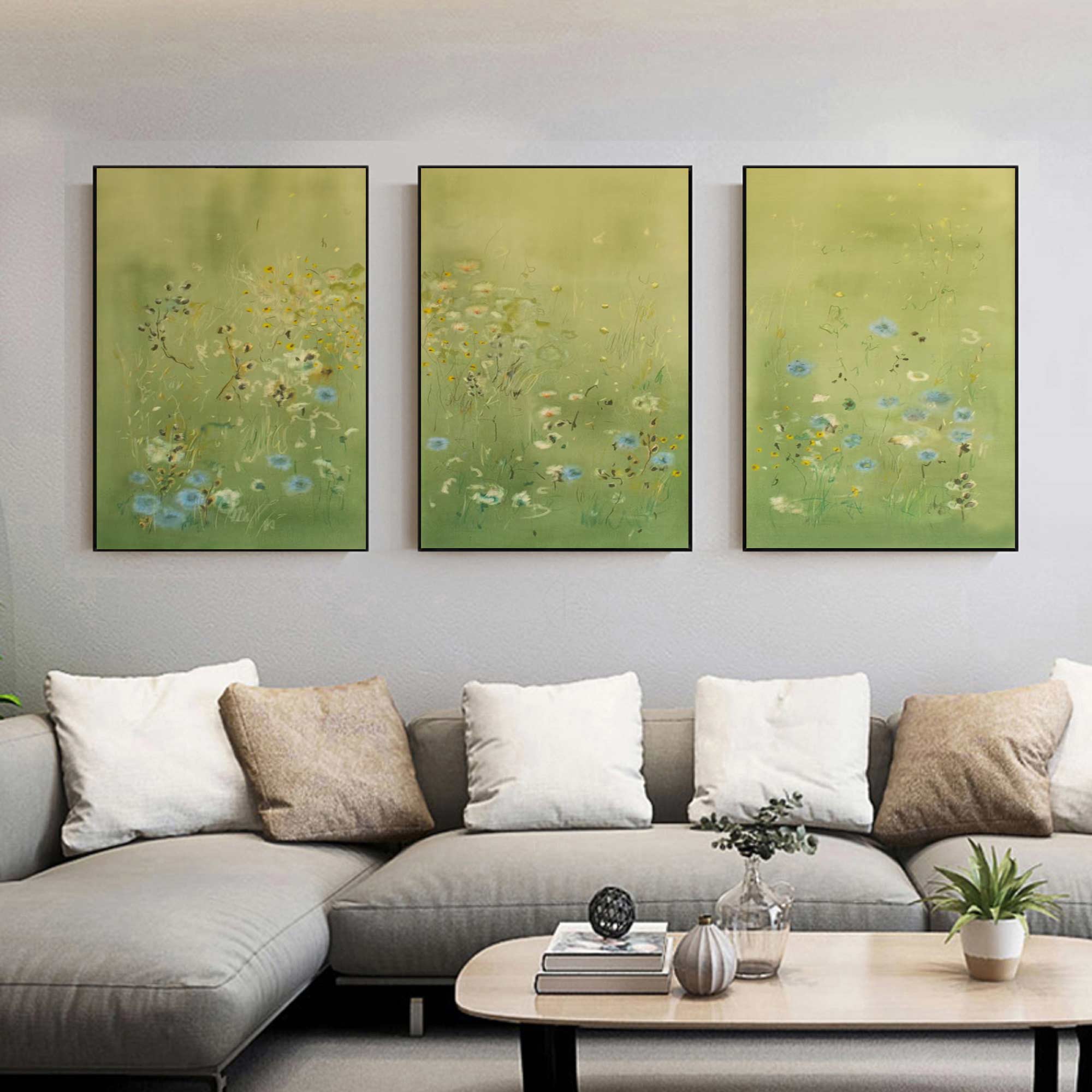 Set of 3 Green Flower abstract Painting Green landscape abstract painting