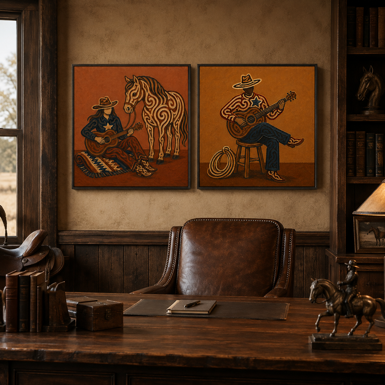 Western Diptych Wall Art Vintage Cowboy Couple Guitar Horse Wall Art Set For Living Room Decor