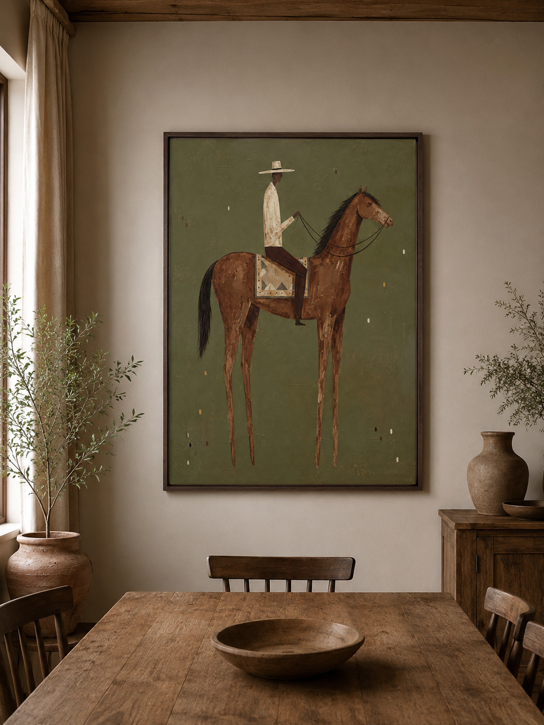 Mid Century Modern Horse Art With Minimalist Cowboy In Green Frame For Living Room Decor