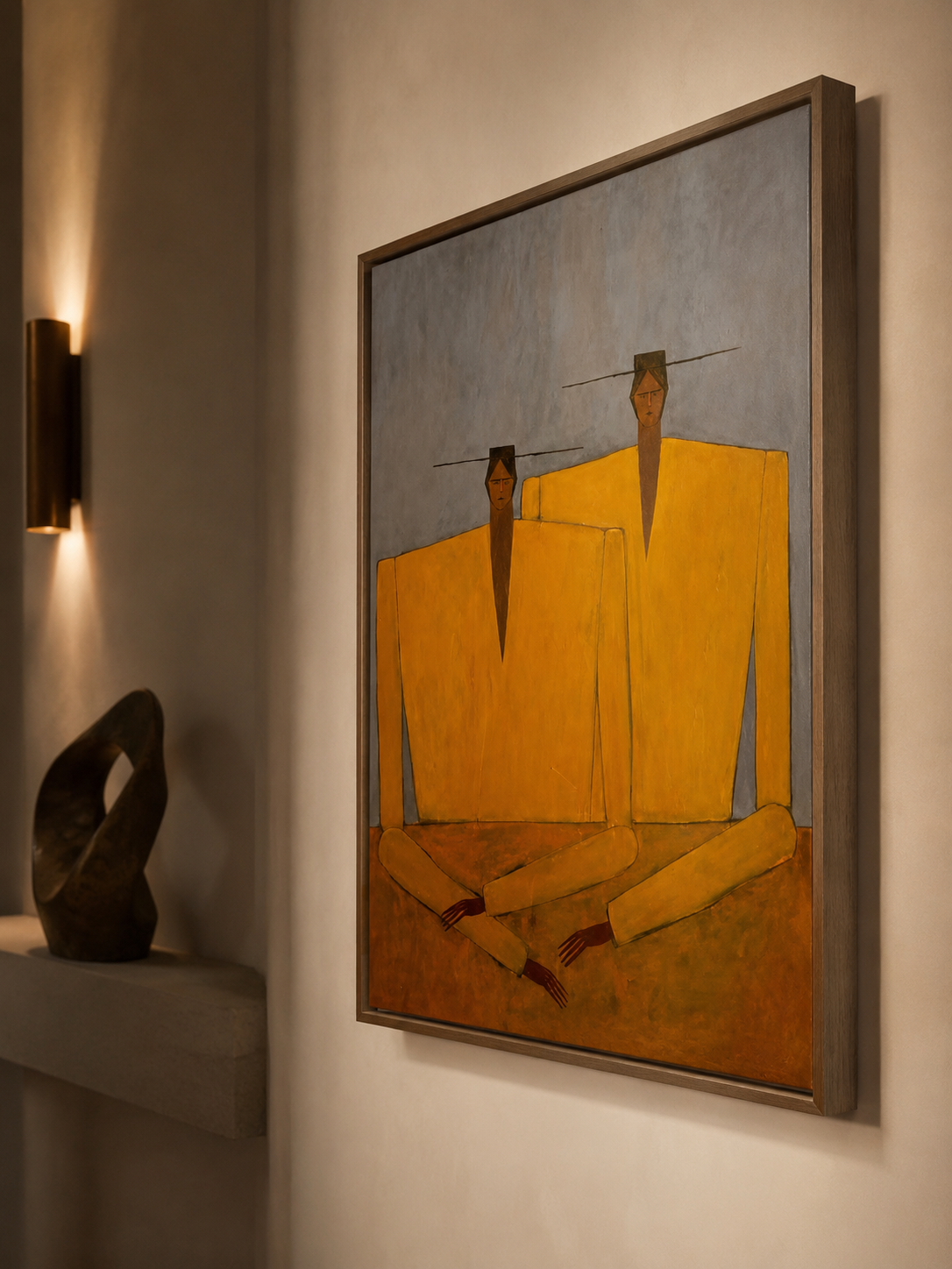 Hand-Painted Figurative Abstract Portrait Painting- Modern Yellow Statement Piece for Living Room