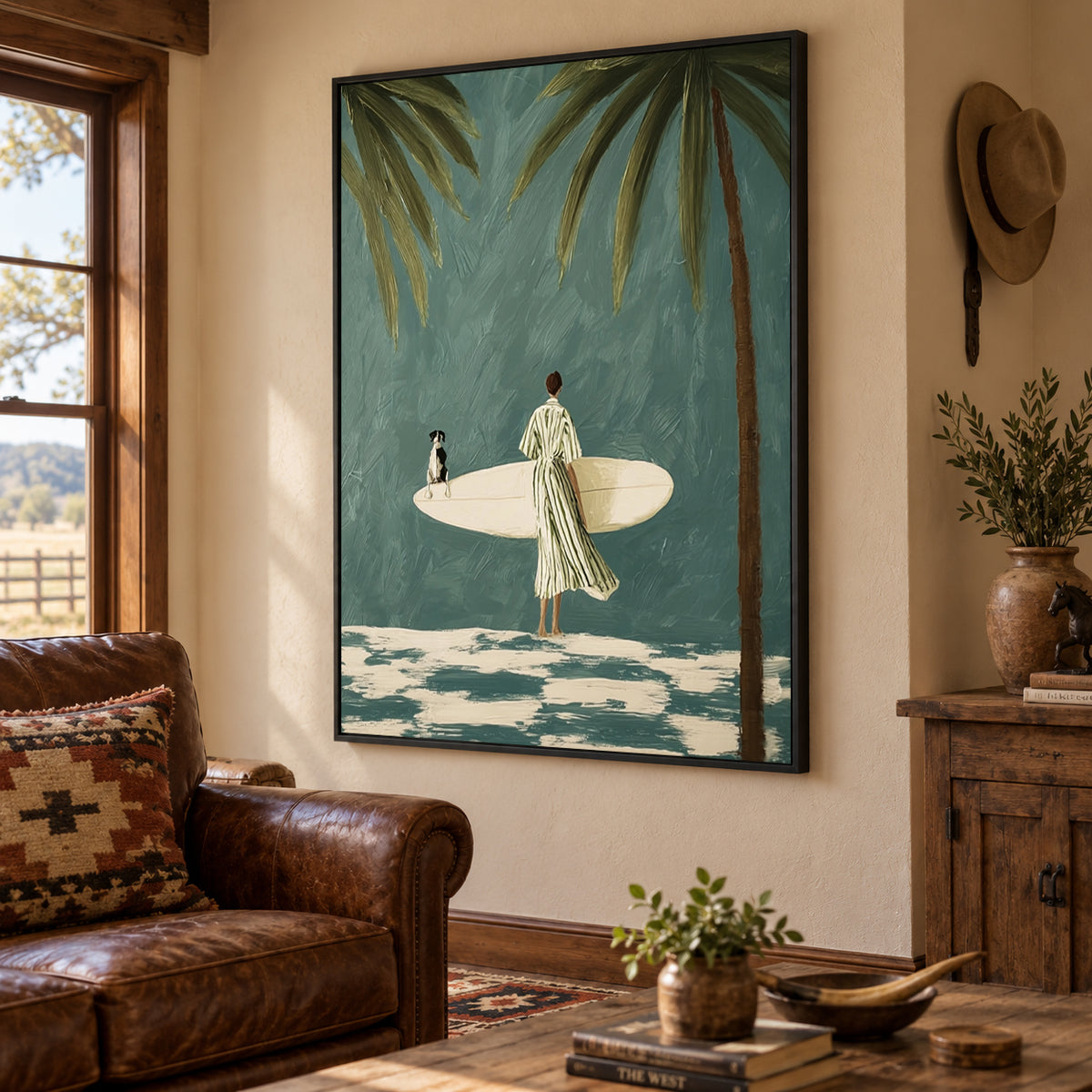 Surfer And Dog Under Palm Trees Hand-Painted Canvas Wall Art In Teal And Cream