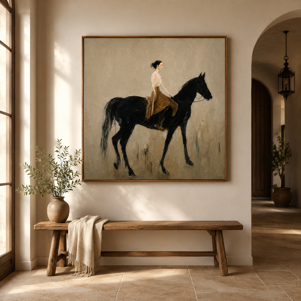 Figurative Horse And Rider Oil Painting Retro Style Wall Art For Living Room