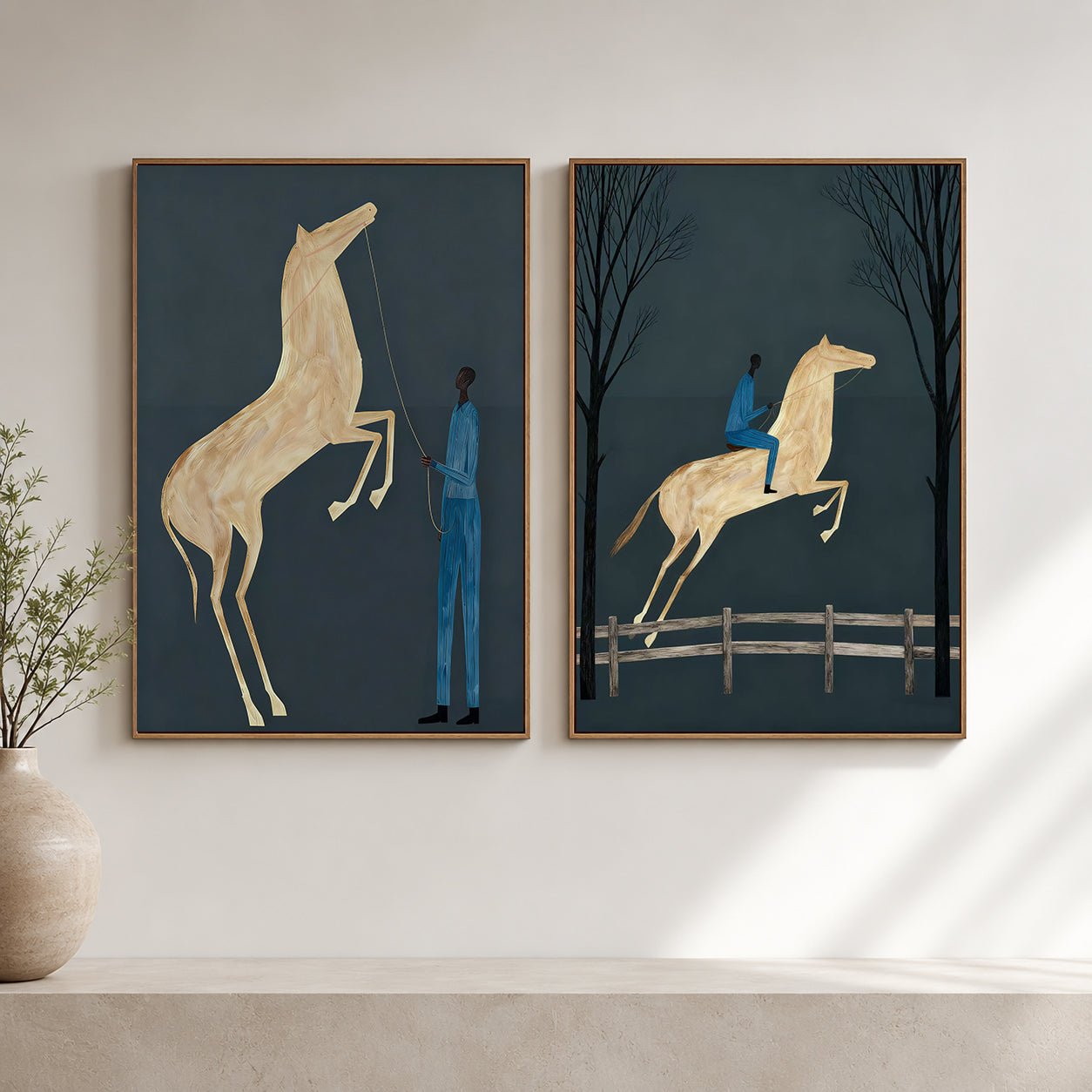 Minimalist Horse Painting Set Deep Blue Background Modern Wall Art For Living Room