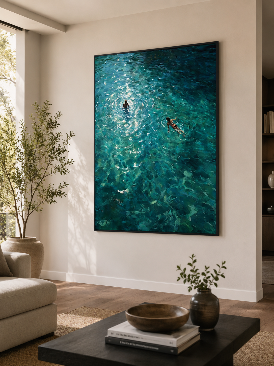 Turquoise Swimming Couple Painting For Summer Beach House Wall Decor Original Oil Art