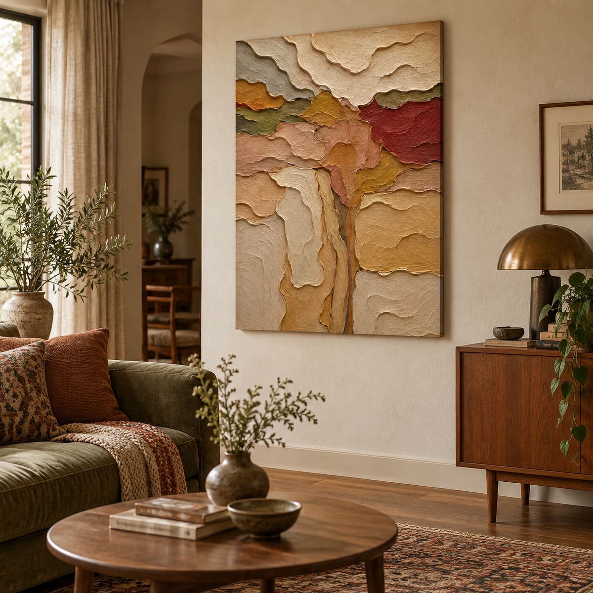 Abstract Desert Landscape Canvas Painting With Earthy Tones And Textured Surface