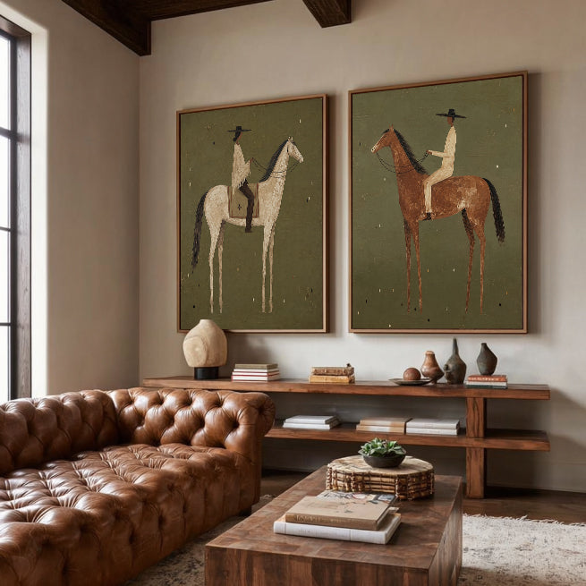 American Vintage Horse Riding Art Set Of Two Framed Canvas Prints For Living Room Wall Decor