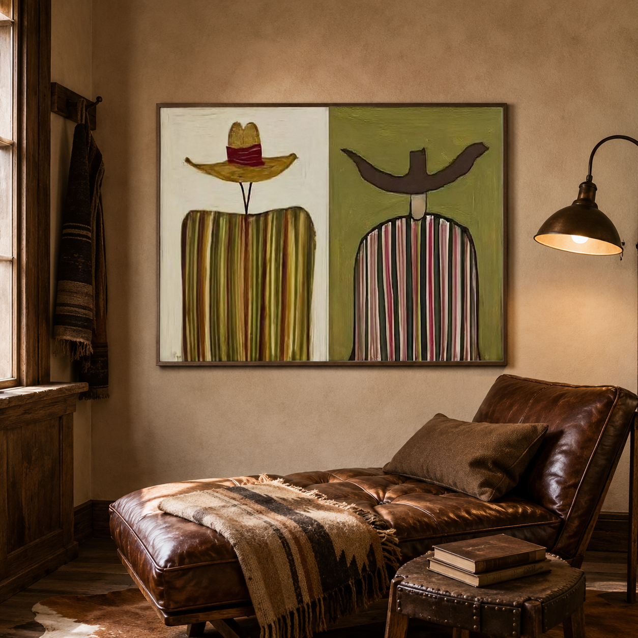 Rustic Figurative Art With Striped Men In Green And Brown For Living Room Decor