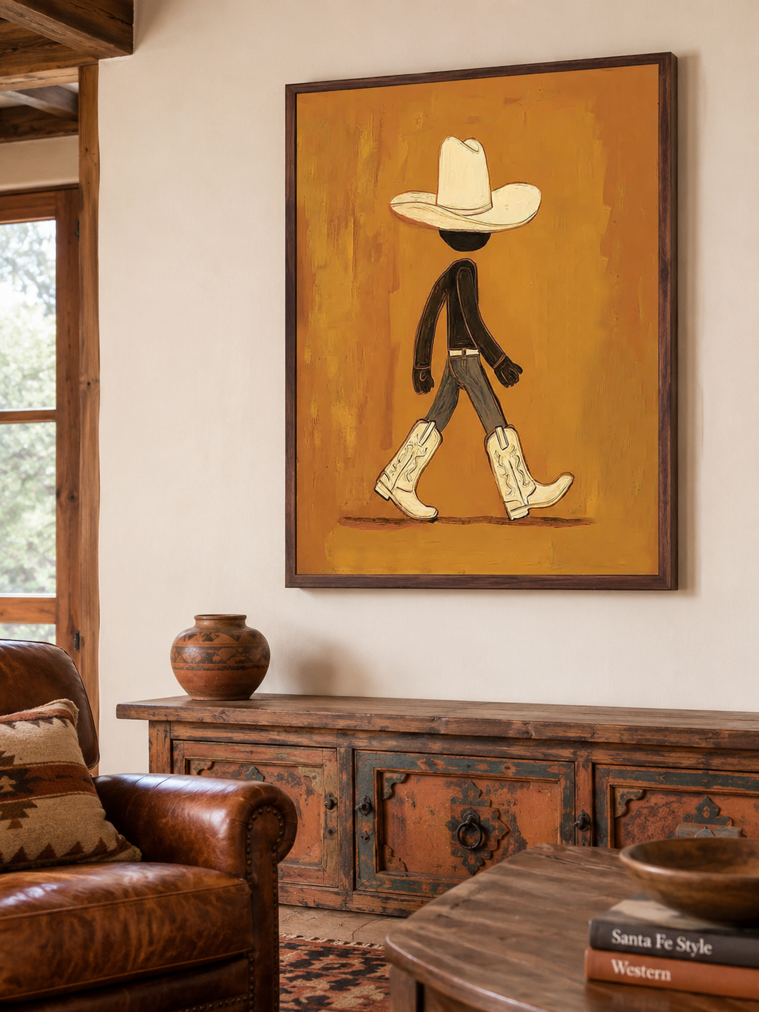 Abstract Cowboy Figure Art Vintage Cowboy Art With Boots For Modern Bedroom Decor
