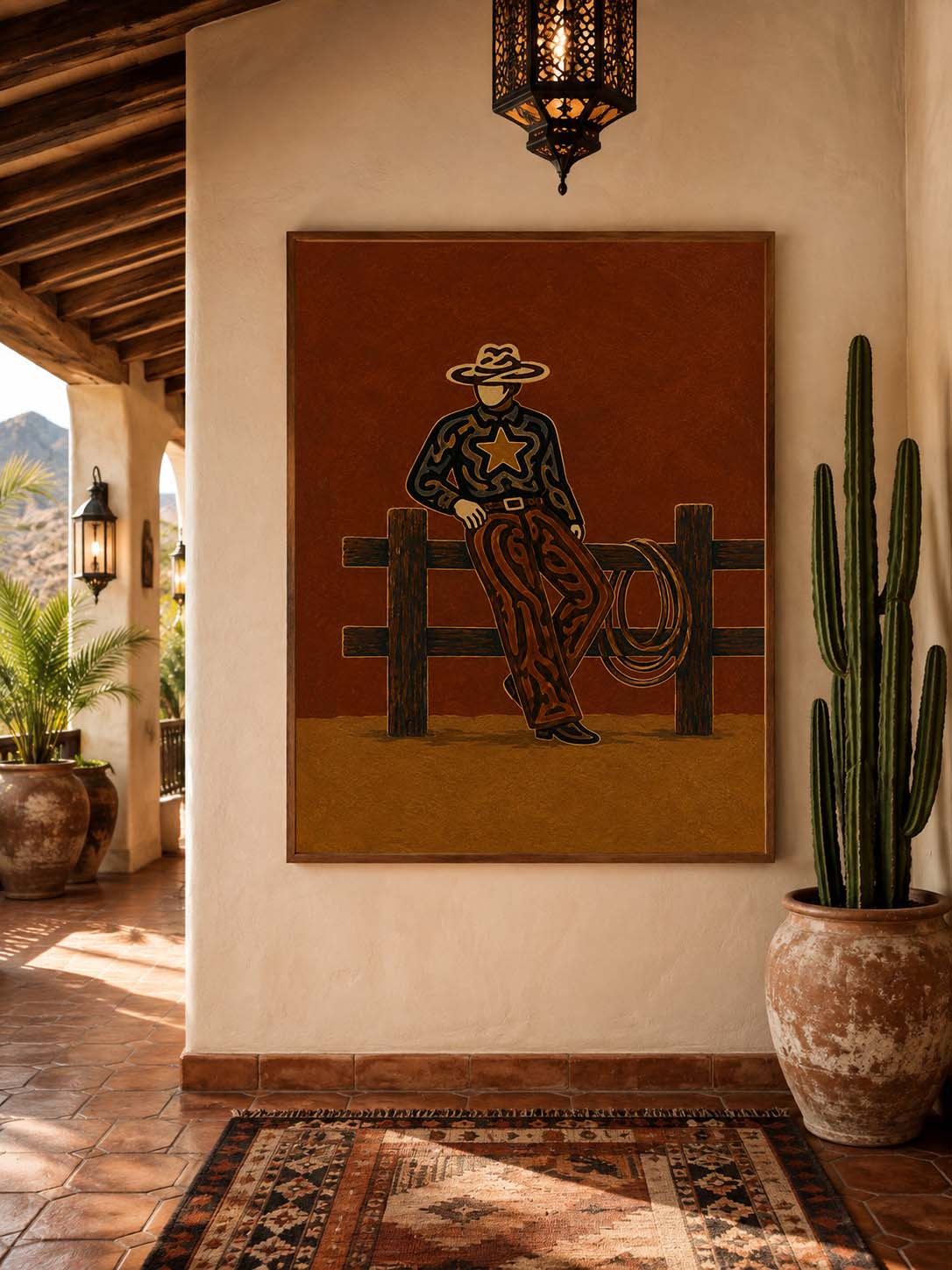 Vintage Cowboy Painting, Western Ranch Wall Art, Rustic Southwestern Rodeo Home Decor