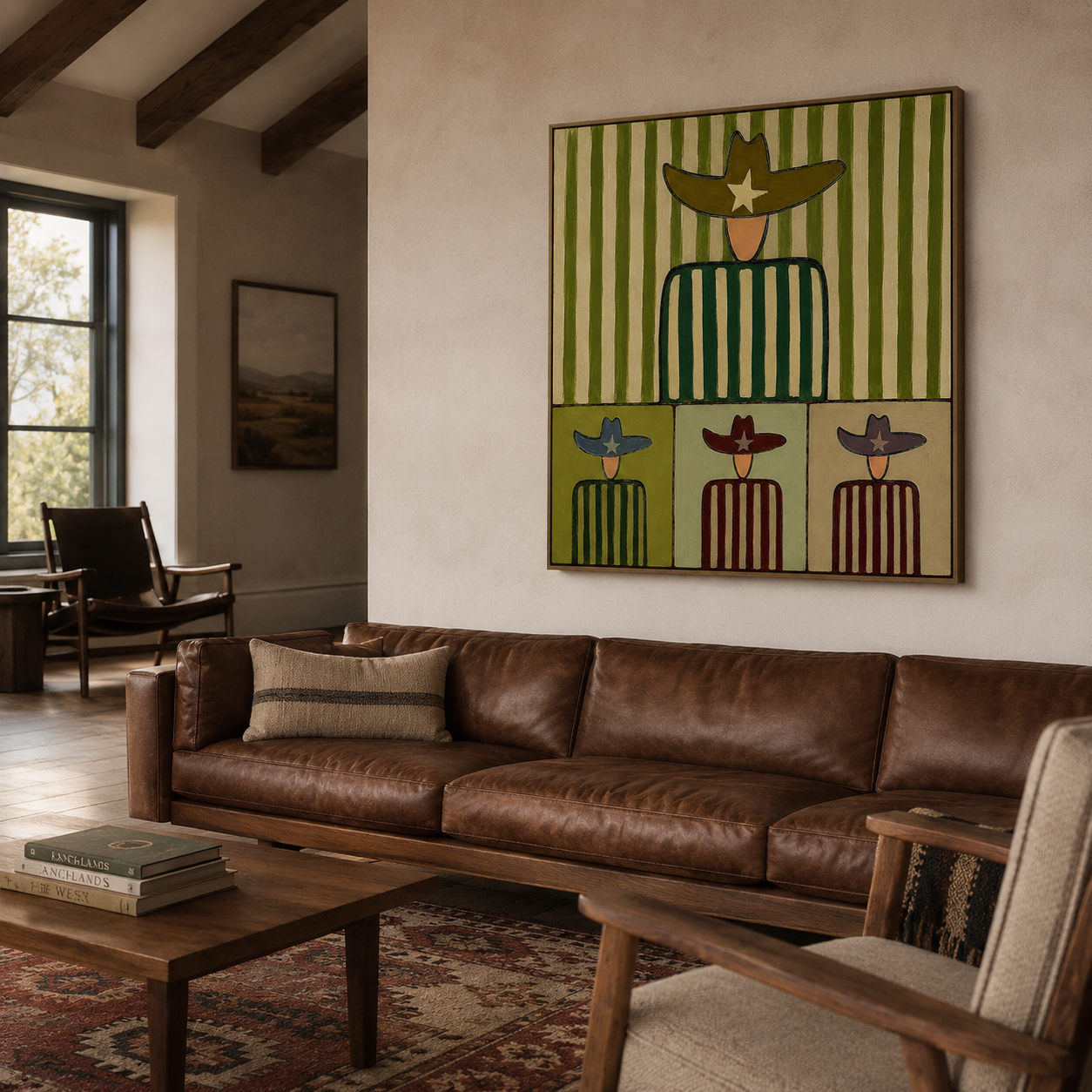 Abstract Cowboy Painting With Green Stripes For Modern Living Room Decor