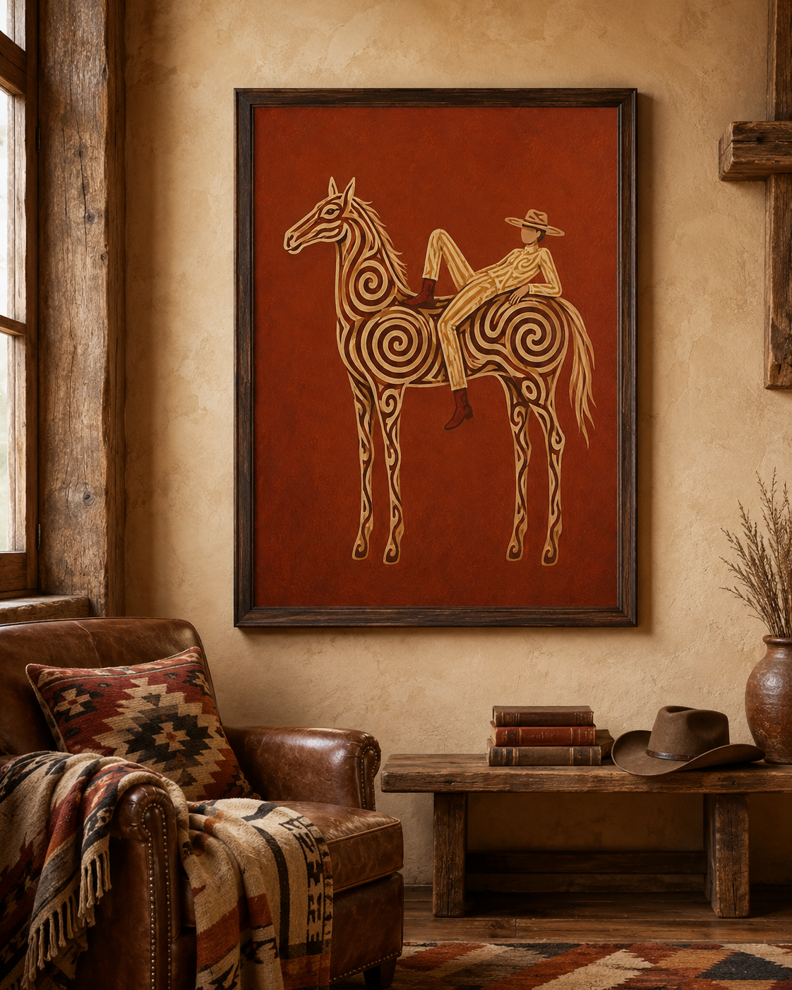Neutral Earth Tone Cowgirl Wall Art, Terracotta Horse Canvas Art, Boho Western Home Decor