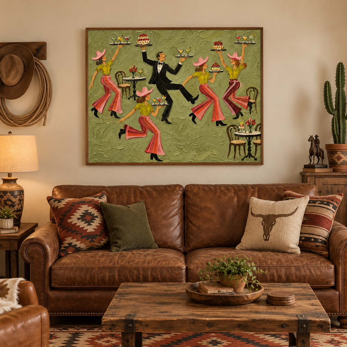 Sage Green Parisian Cafe Wall Art, French Bistro Waiter Painting Restaurant Dining Art