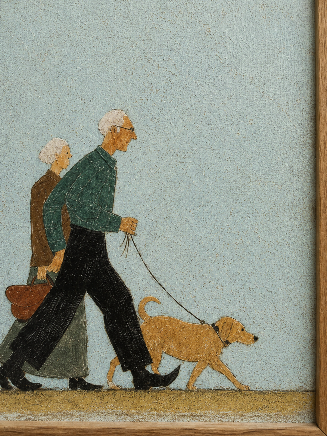 Vintage Dog Walking Painting For Pet Owners Retro Wall Art With Elderly Couple And Teal Background
