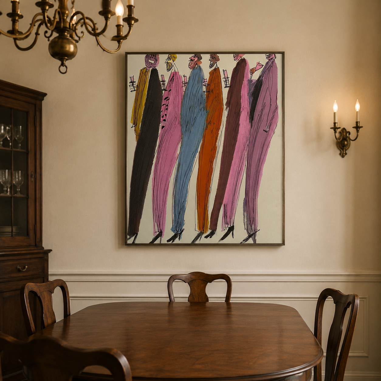 Abstract Figurative Painting Of Colorful Party People In Square Canvas For Modern Home Decor