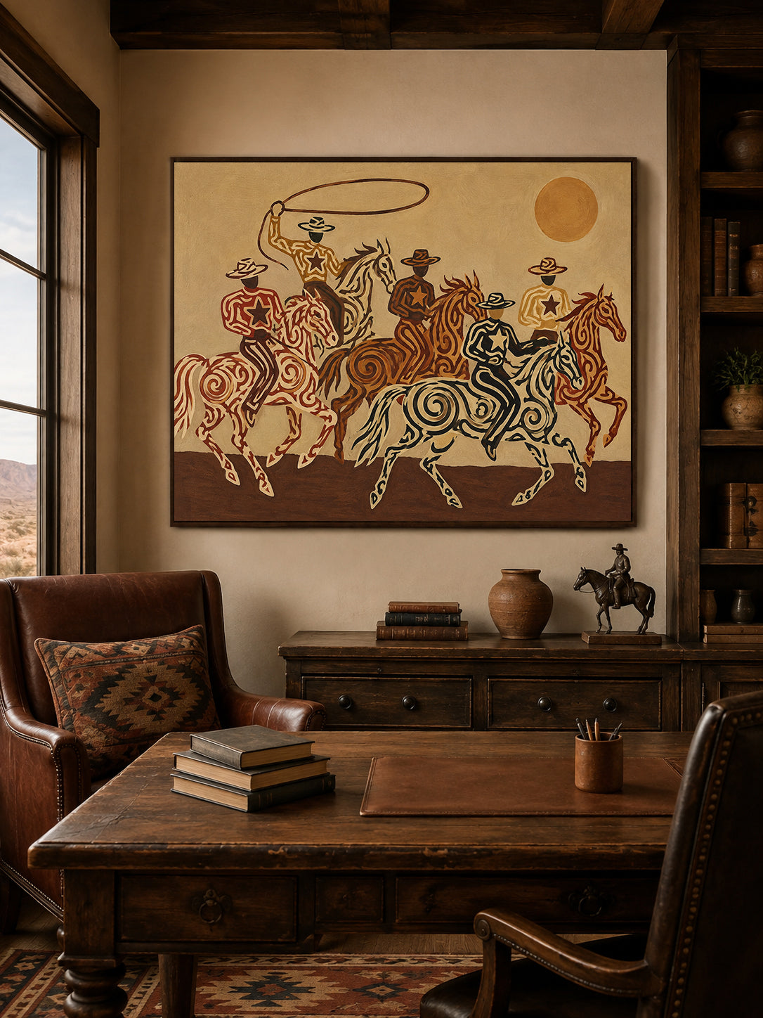 Cowboy And Horse Canvas Painting Hand-Painted Western Art In Brown Tones