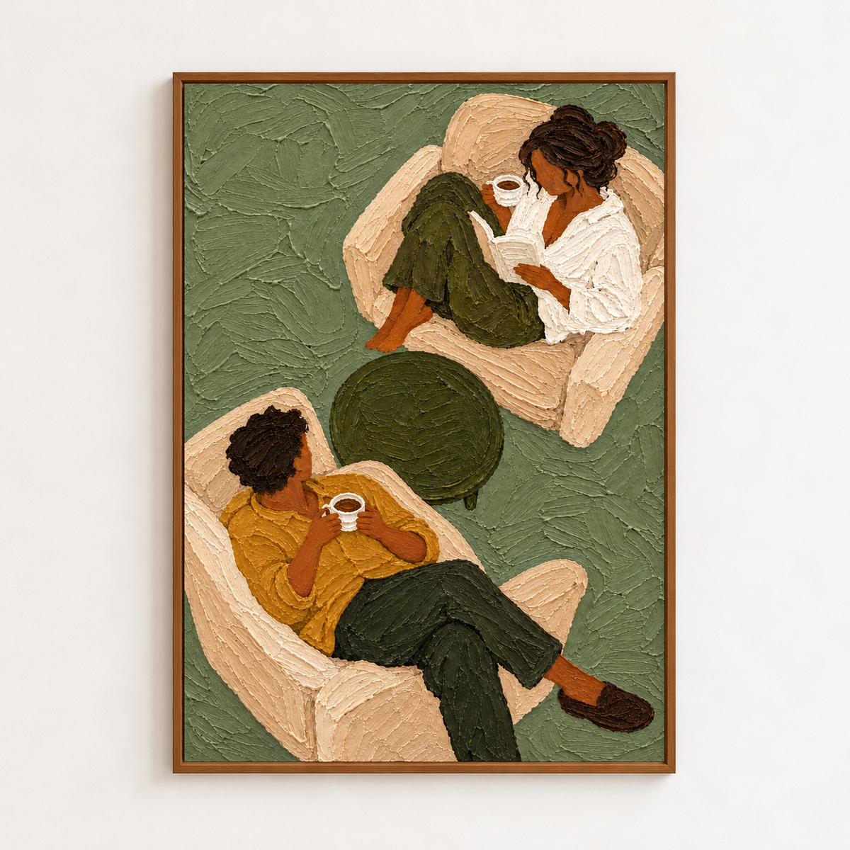 Sage Green Coffee Couple Painting, Original Textured Oil Art, Retro Figurative Canvas