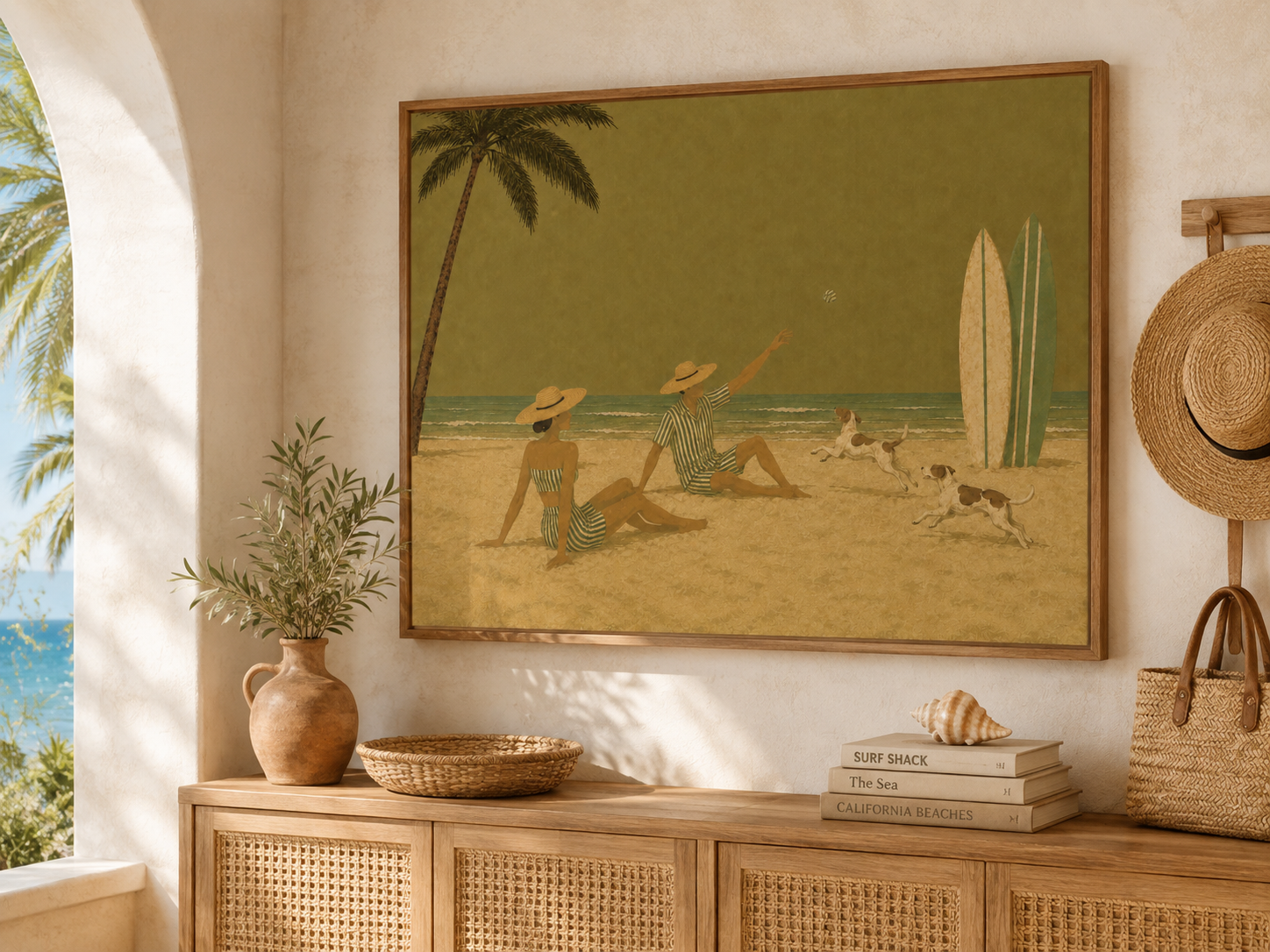 Surfboard Beach Art With Palm Tree And Dogs Vintage Style Original Canvas Painting For Coastal Or Vacation Home Walls