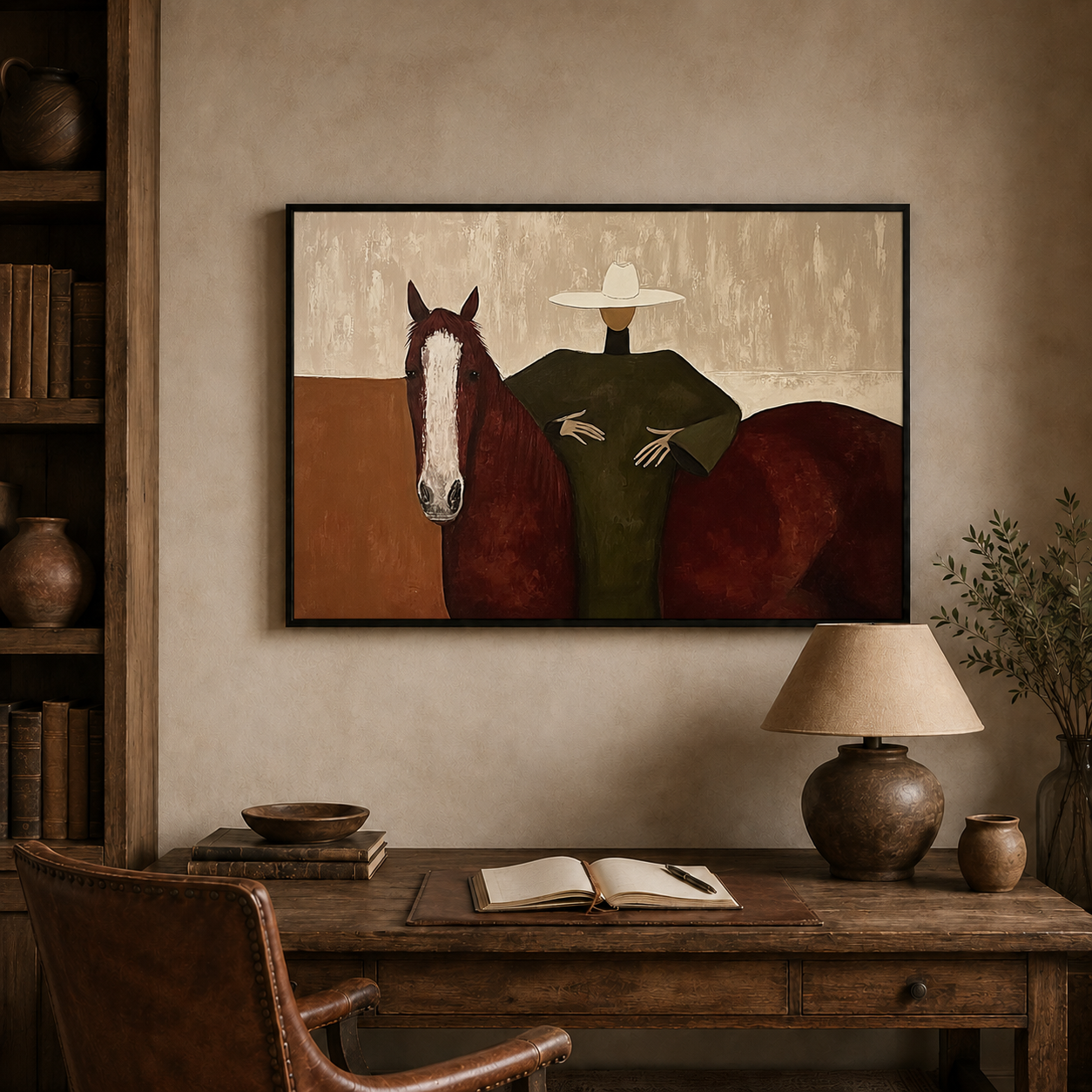 Mid Century Modern Horse Painting With Woman In Hat Square Canvas Art
