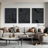 Set of 3 Black Sculptured art Painting Set of 3 Black textured Sculptured wall art Set of 3 Black Wood carving wall art