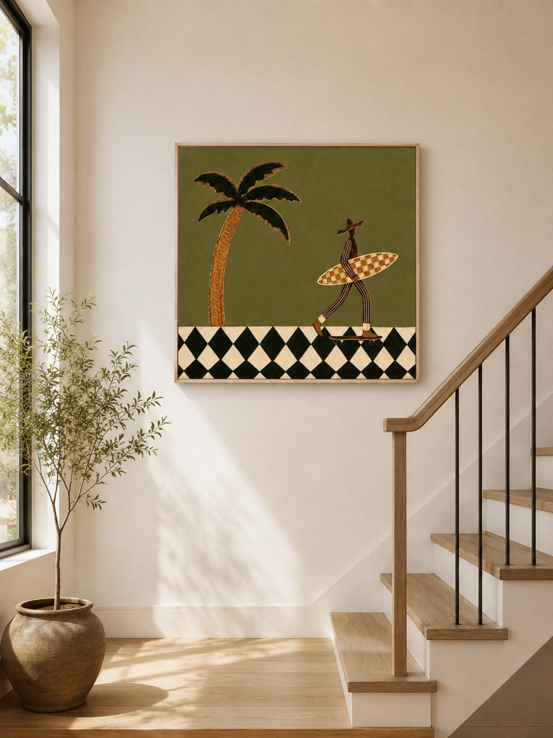 Vintage Skate Surfer Wall Art With Checkerboard Board For Retro Living Room Decor