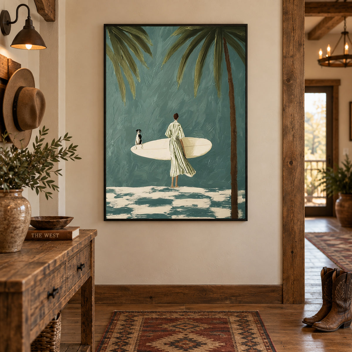 Surfer And Dog Under Palm Trees Hand-Painted Canvas Wall Art In Teal And Cream