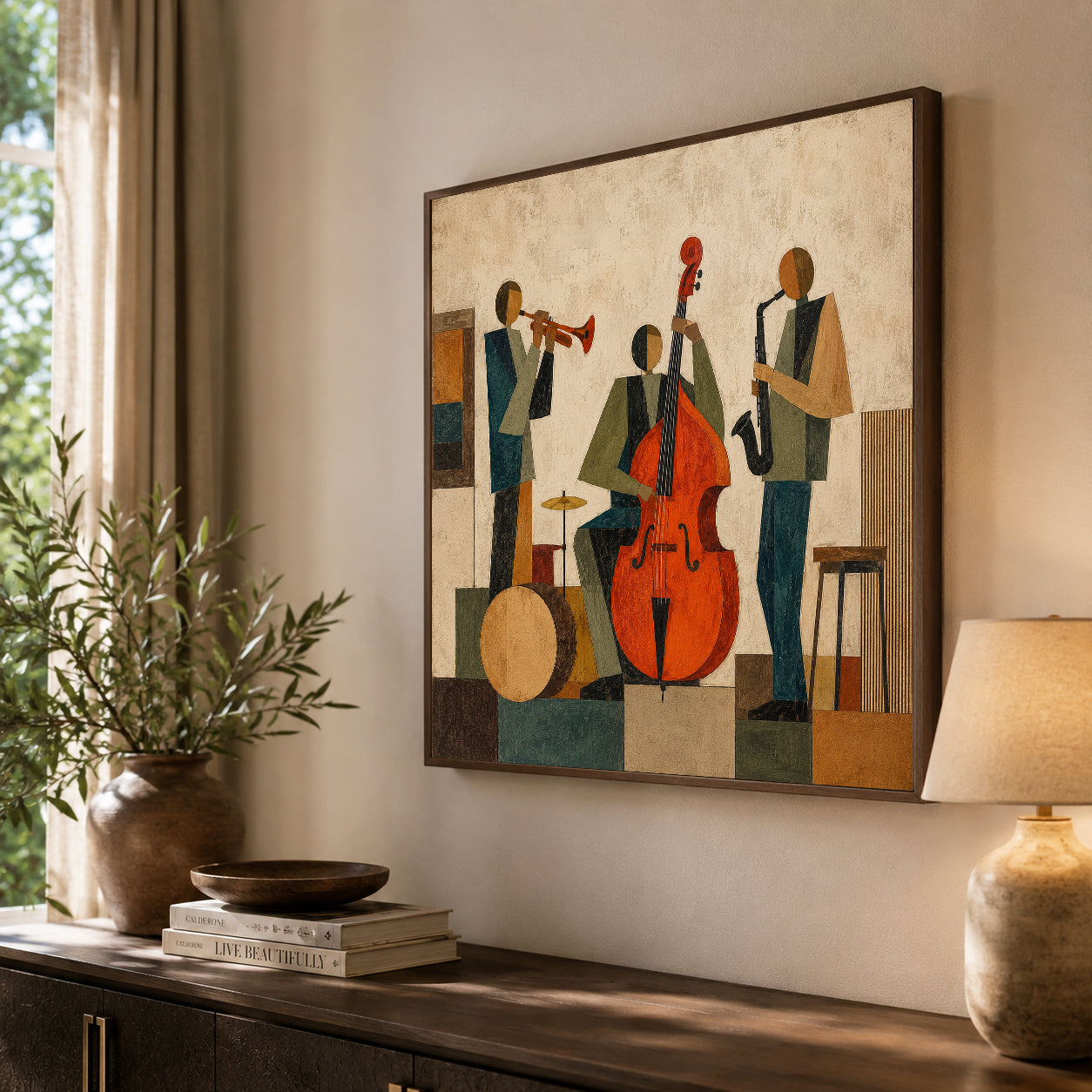 Abstract Jazz Band Painting With Double Bass For Modern Living Room Decor
