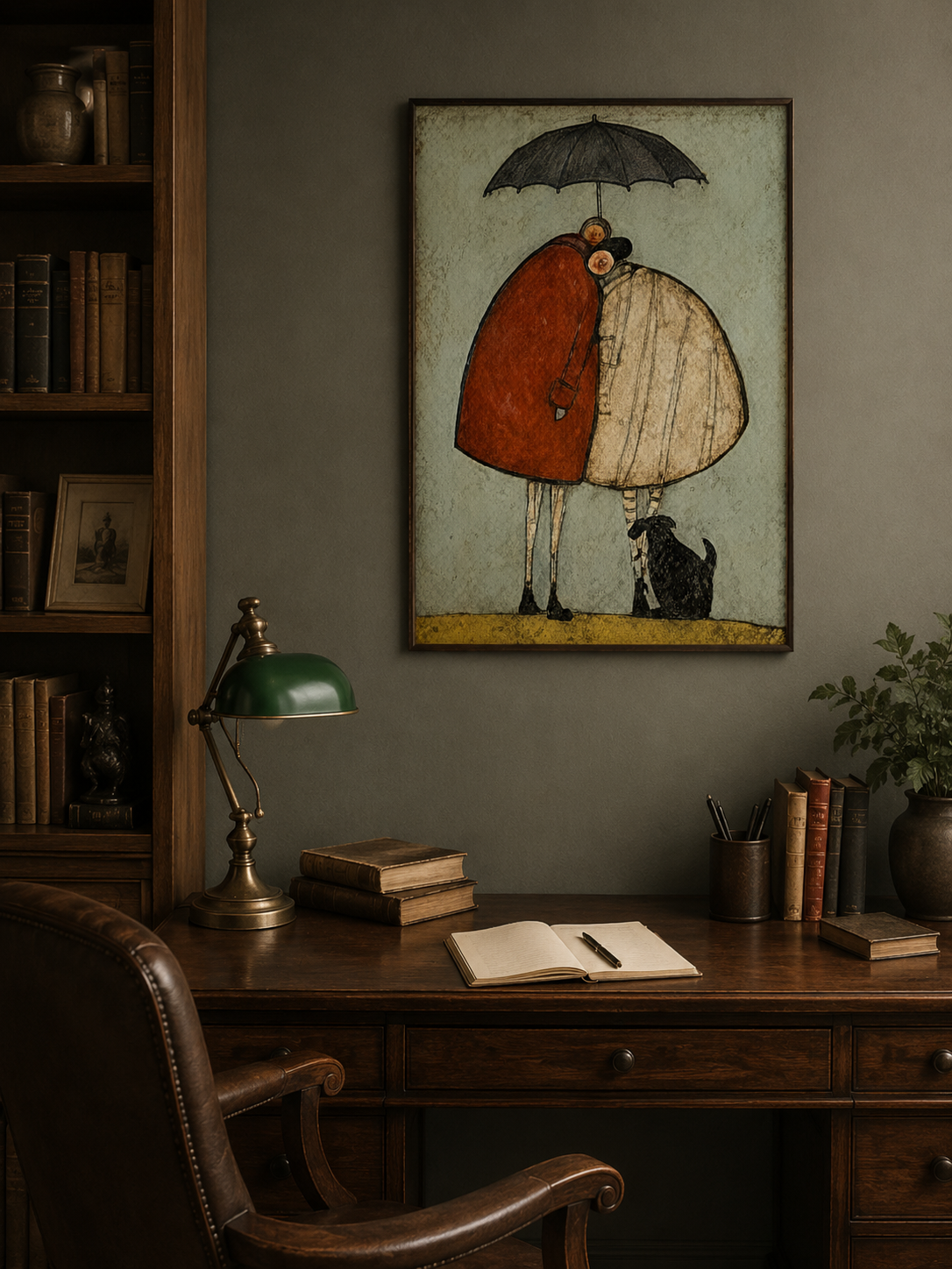 Fantasy Love Oil Painting Of Couple And Pet In Square Format For Eclectic Interior Design