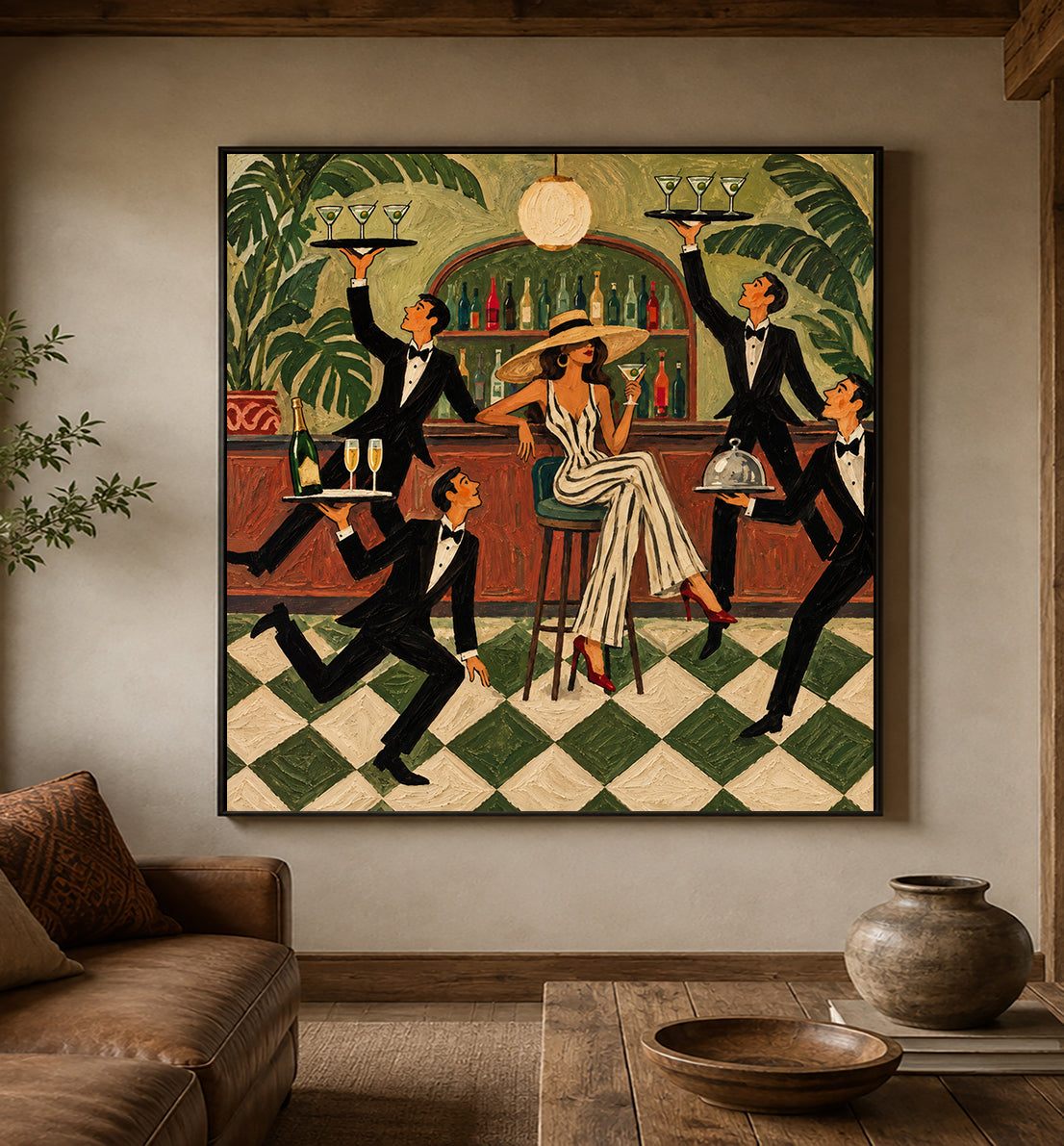 Vintage Cocktail Lounge Art With Lady And Waiters In Green Bar Scene Canvas Painting