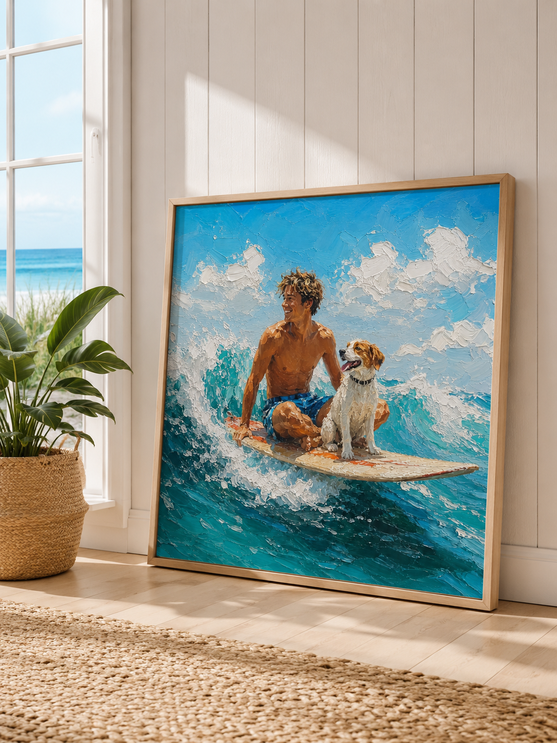 Textured Surfing Art With Dog For Modern Beach Home Decor Gift