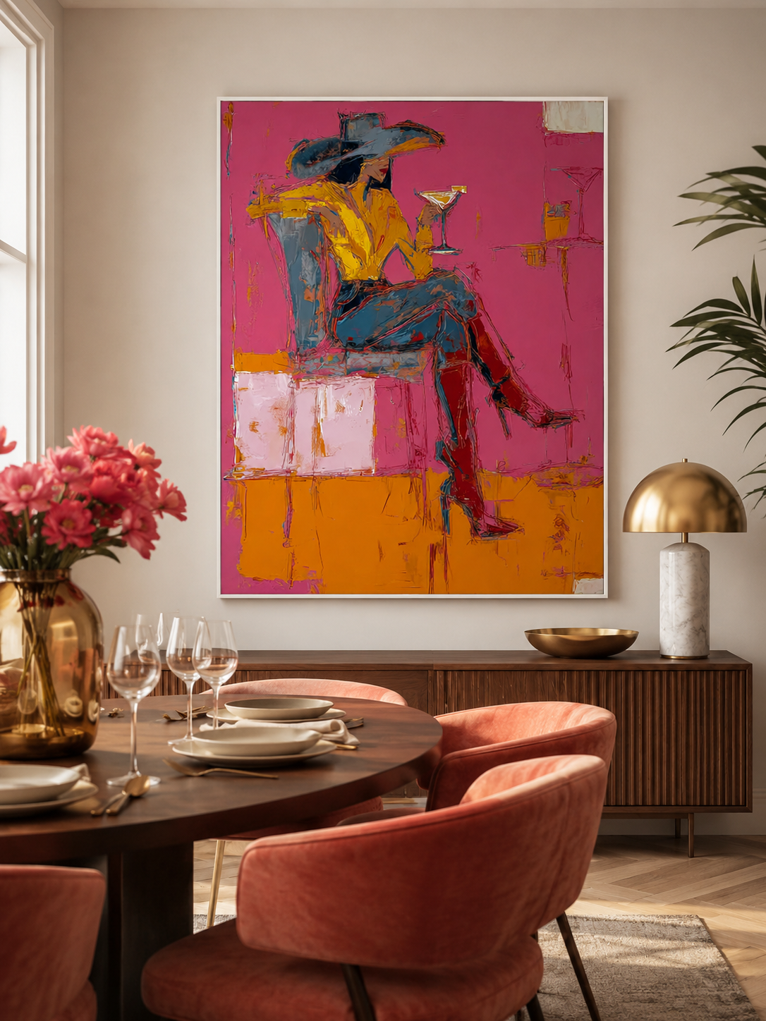 Bold Figurative Oil Painting Of Woman In Hat With Expressive Brushstrokes For Home Wall