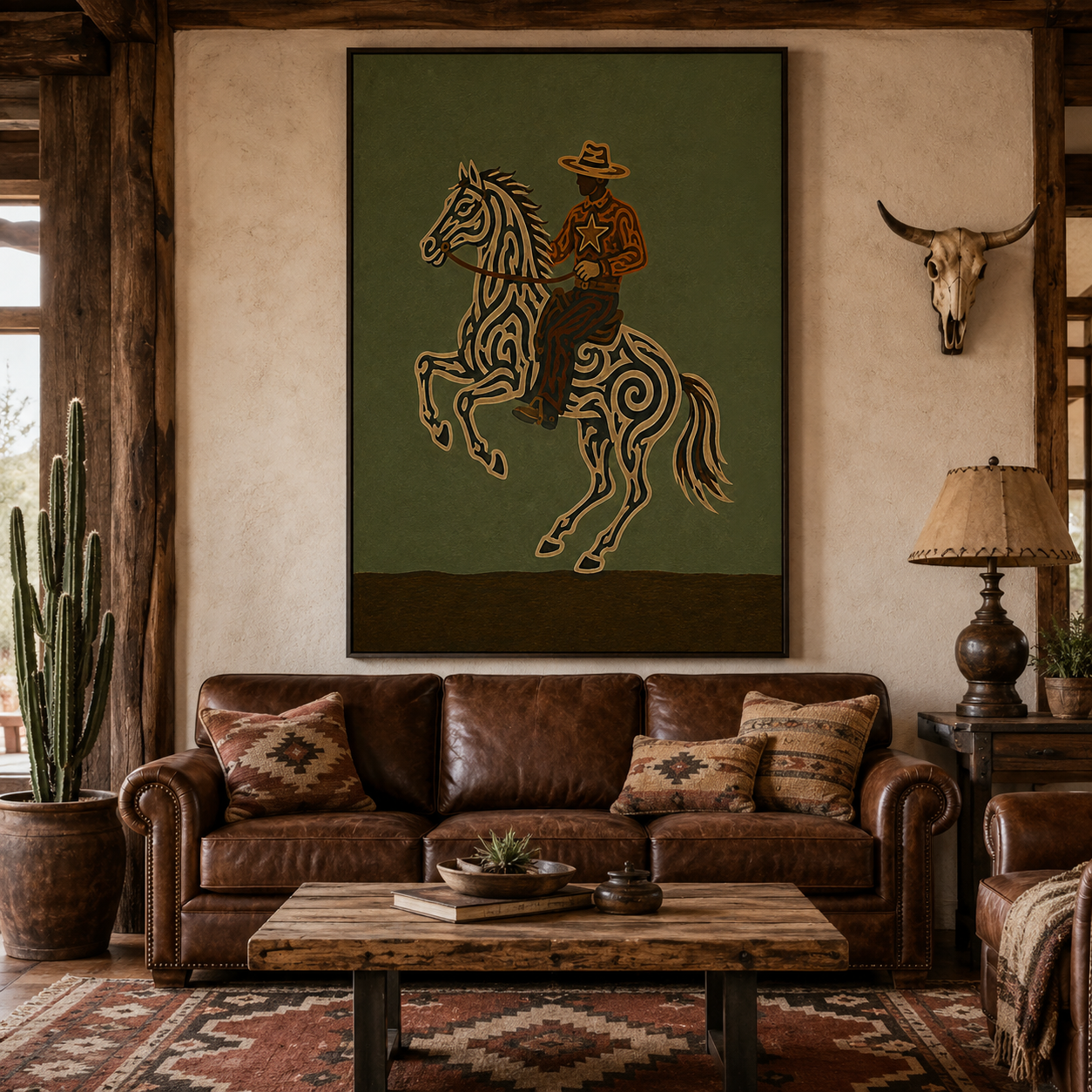 Unique Cowboy And Horse Artwork Gift For Equestrian Fans With Retro Vintage Style