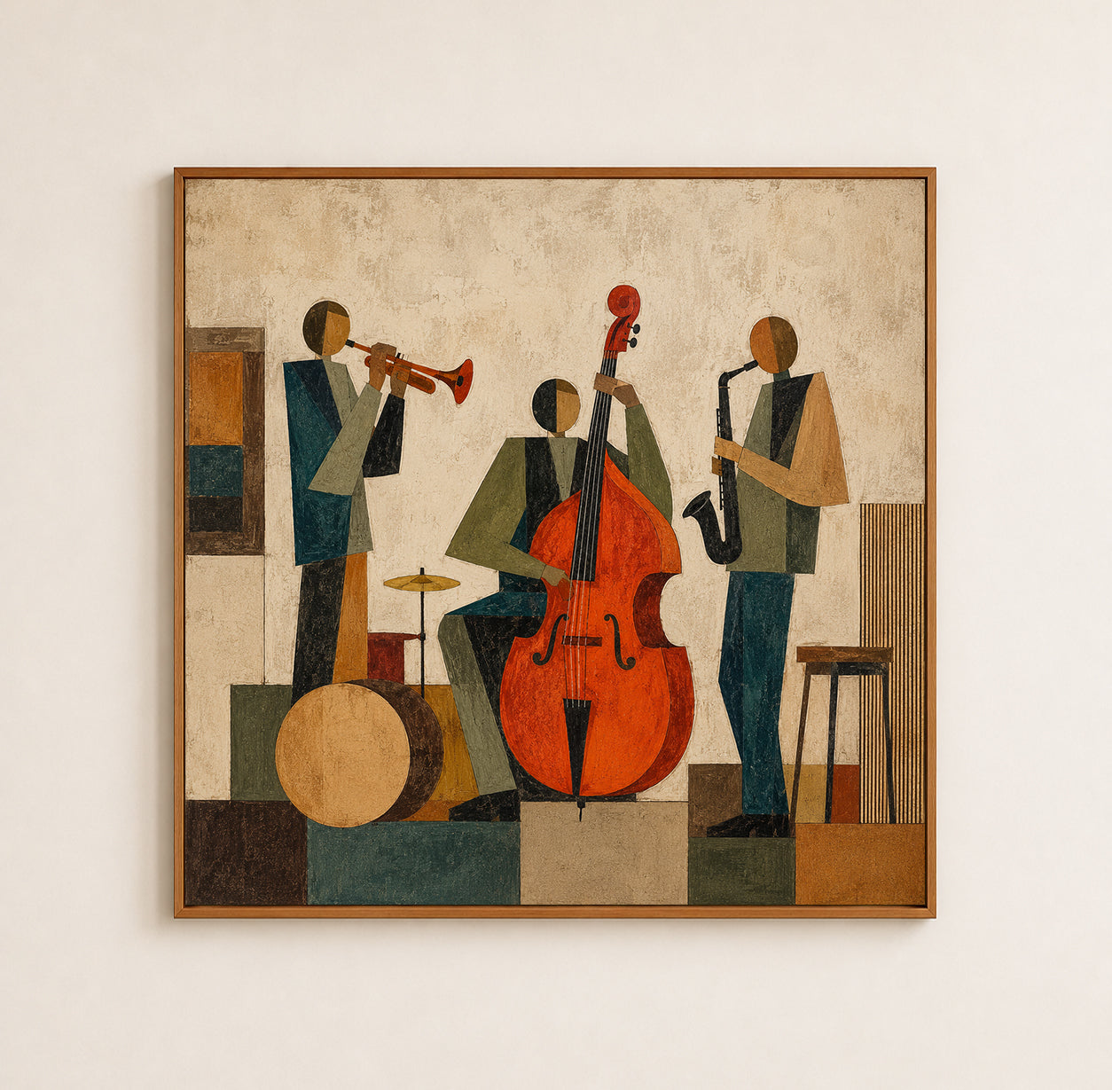 Abstract Jazz Band Painting With Double Bass For Modern Living Room Decor