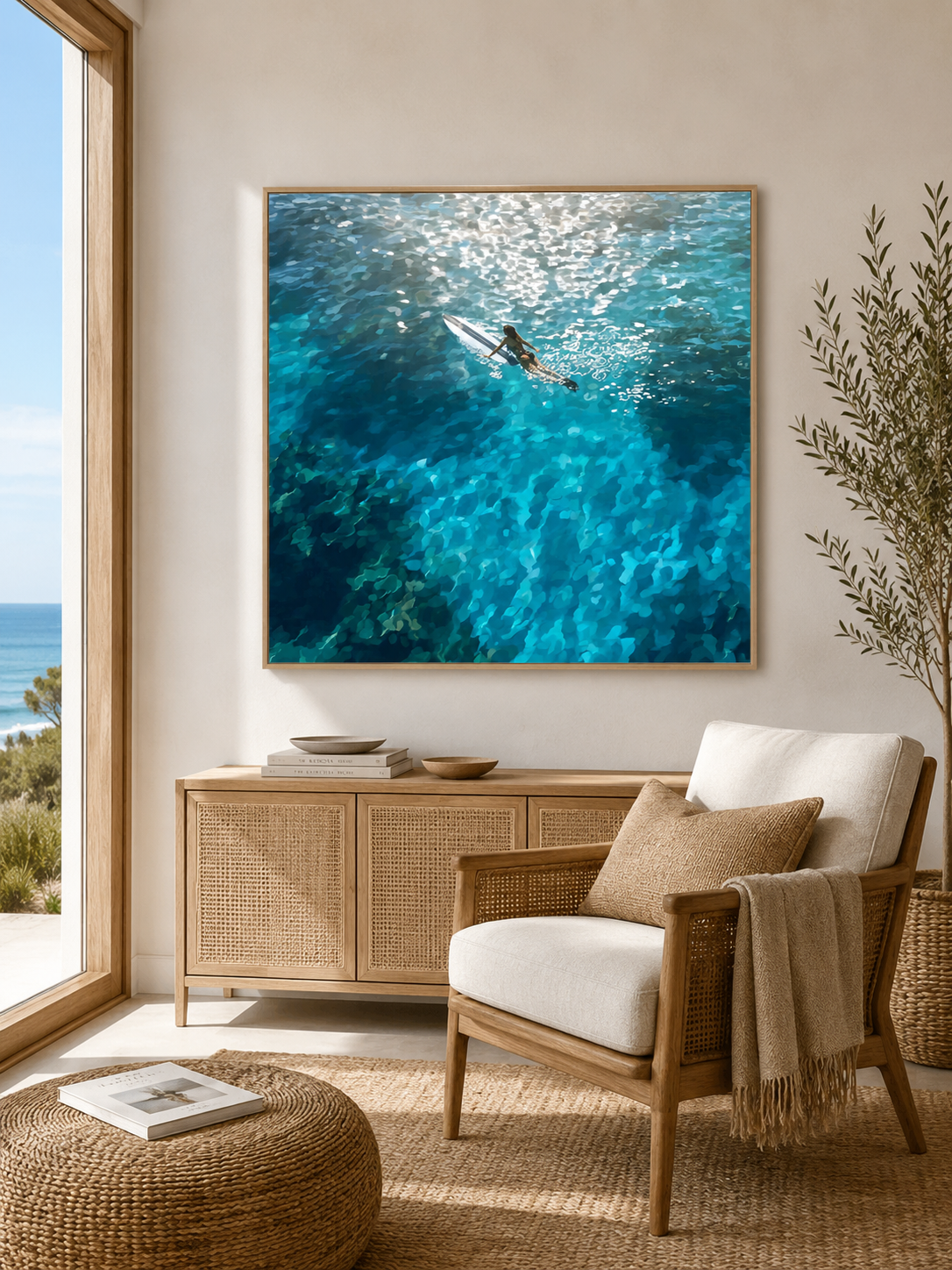 Hand Painted Ocean Swimmer Art For Modern Coastal Living Room Wall Decor Blue
