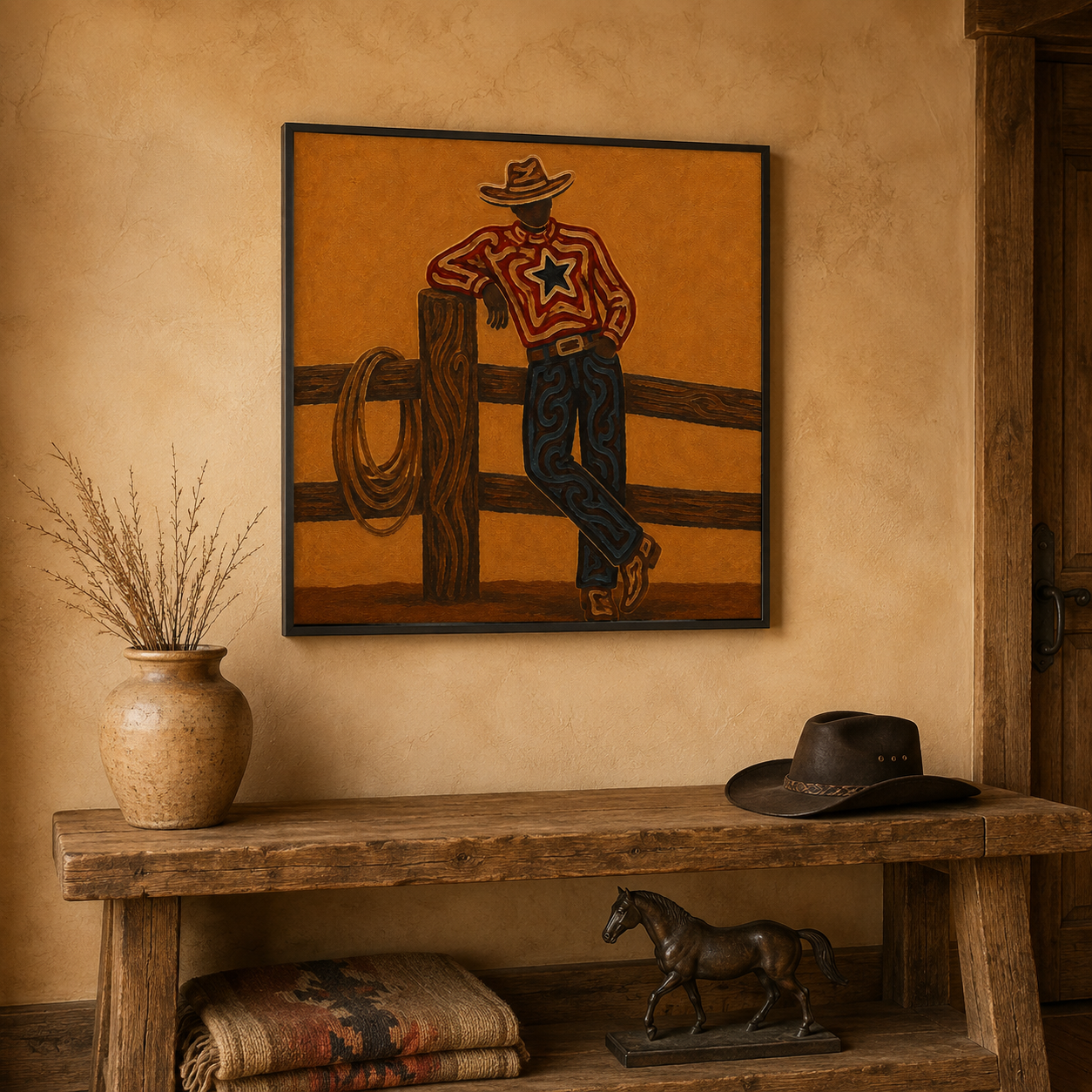 Western Ranch Cowboy Art, Cowboy Leaning On Fence Painting, Country Western Canvas Art