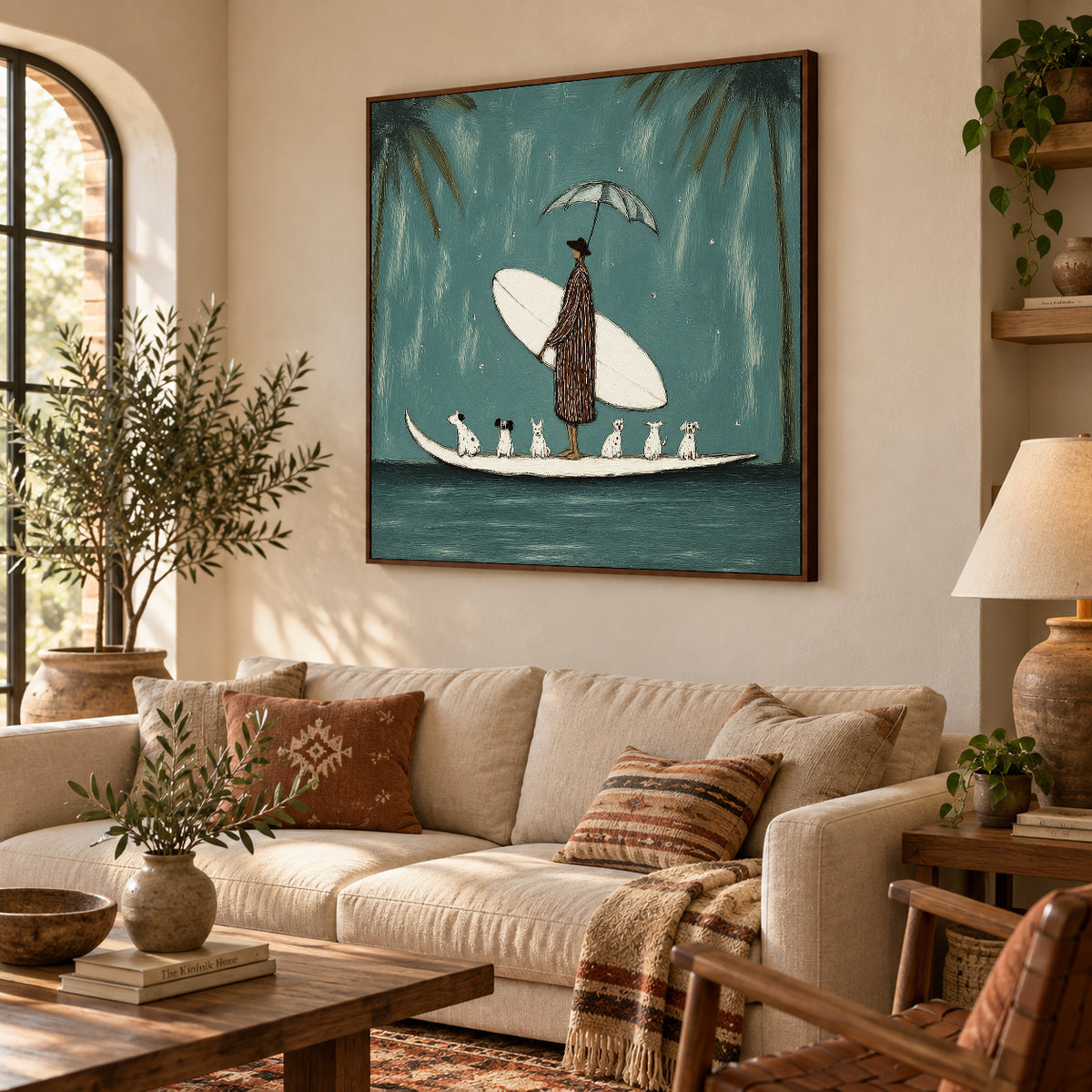 Coastal Dog Lover Wall Art For Living Room Blue Teal Surf Painting
