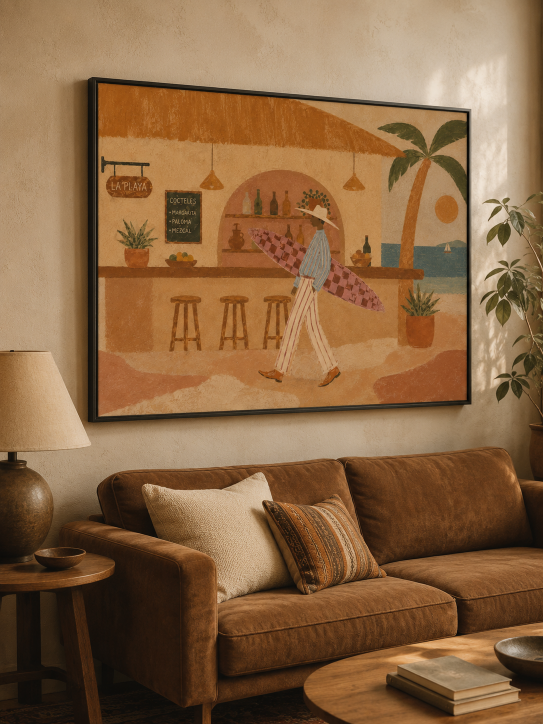 Surfer Man Oil Painting, Beach Bar Wall Art, Retro Coastal Surf Decor Beach House Decor