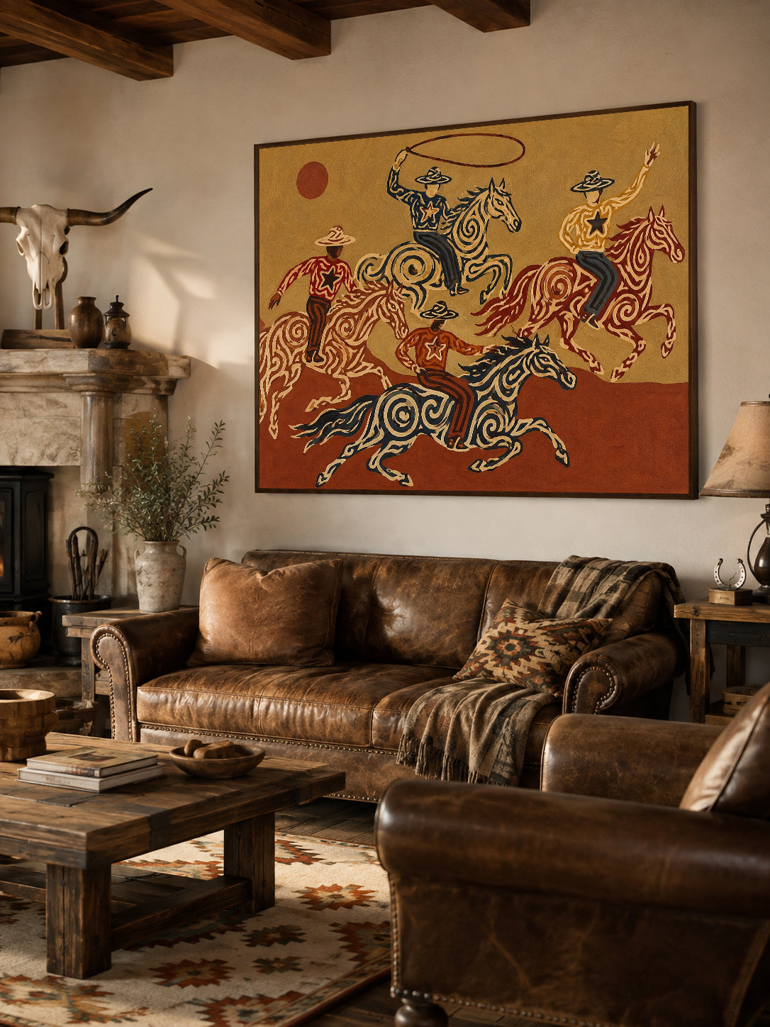 Cowboy And Horse Canvas Painting With Lasso For Western Home Decor