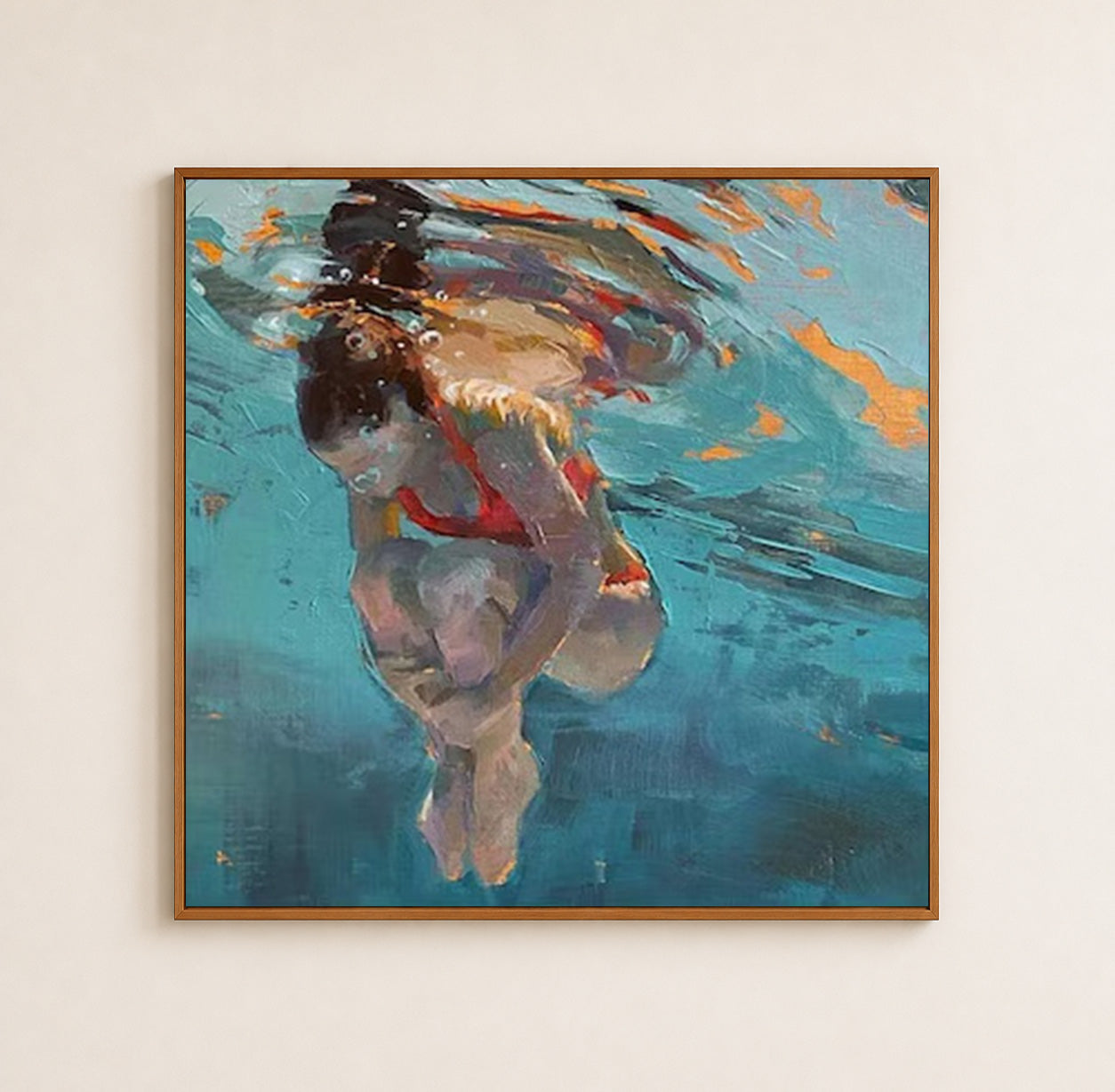 Modern Feminist Underwater Figure Painting With Red Swimsuit Expressive Oil Art For Living Room Decor
