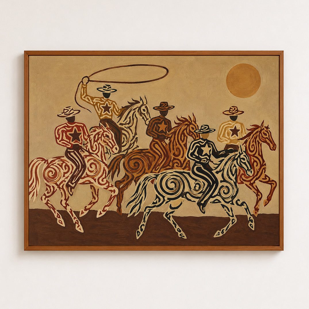 Cowboy And Horse Canvas Painting Hand-Painted Western Art In Brown Tones
