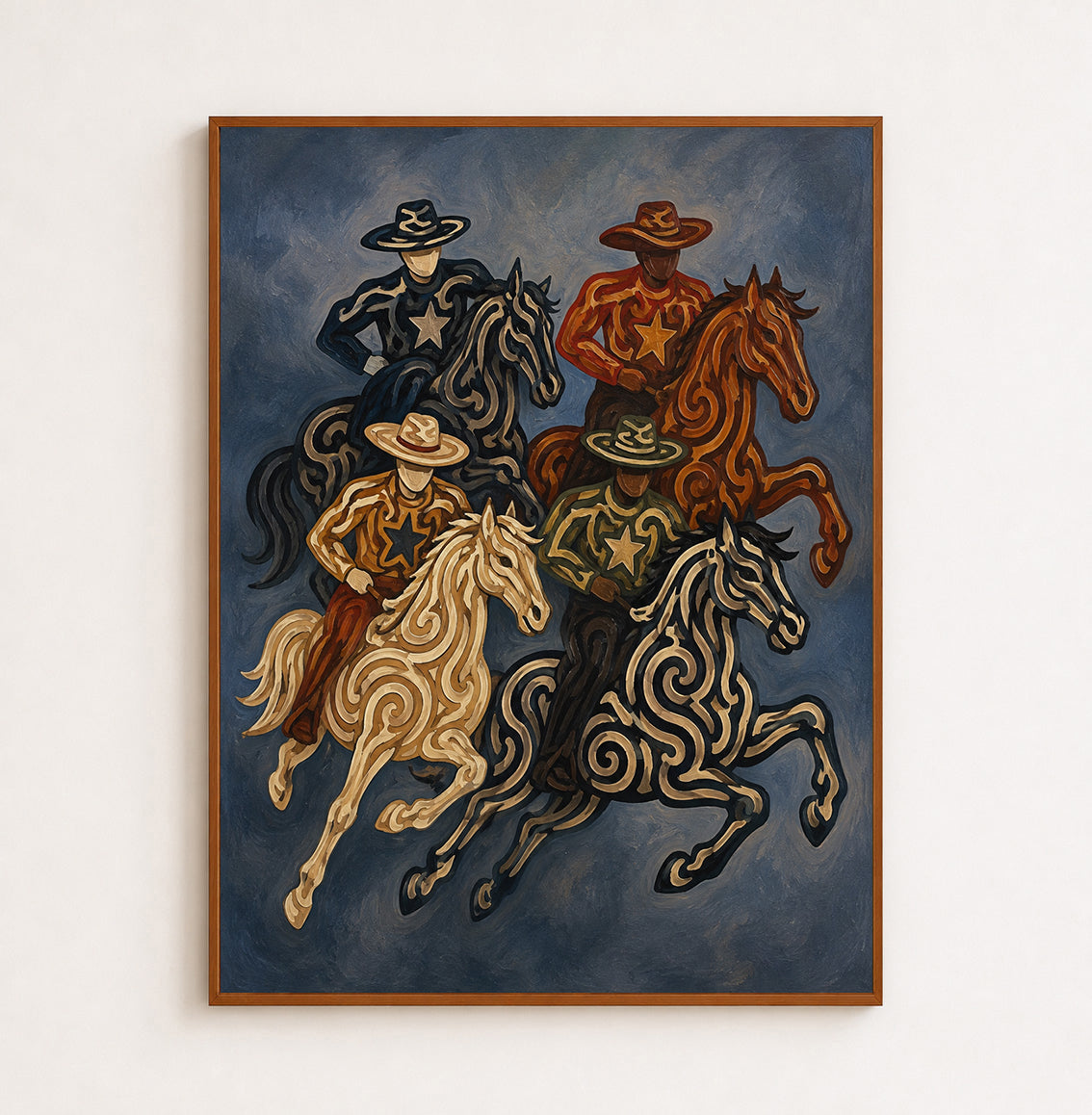 Cowboy And Horse Painting Hand-Painted Navy Blue Western Canvas Art