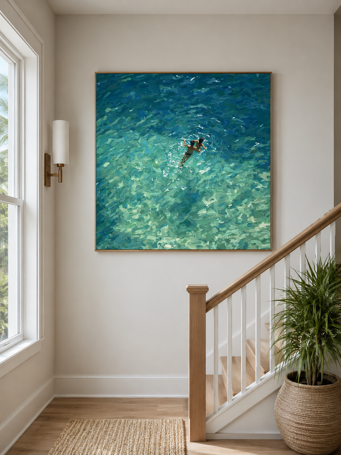 Couple Swimming In Clear Sea Oil Painting Modern Beach Wall Art For Living Room Decor