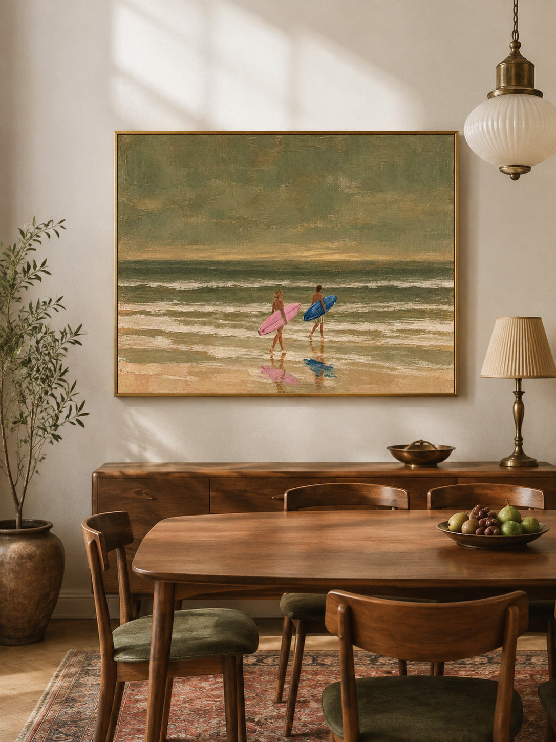 Couples Surfing Canvas Art, Pink And Blue Surfboard Beach Decor, Vintage Coastal Ocean Painting