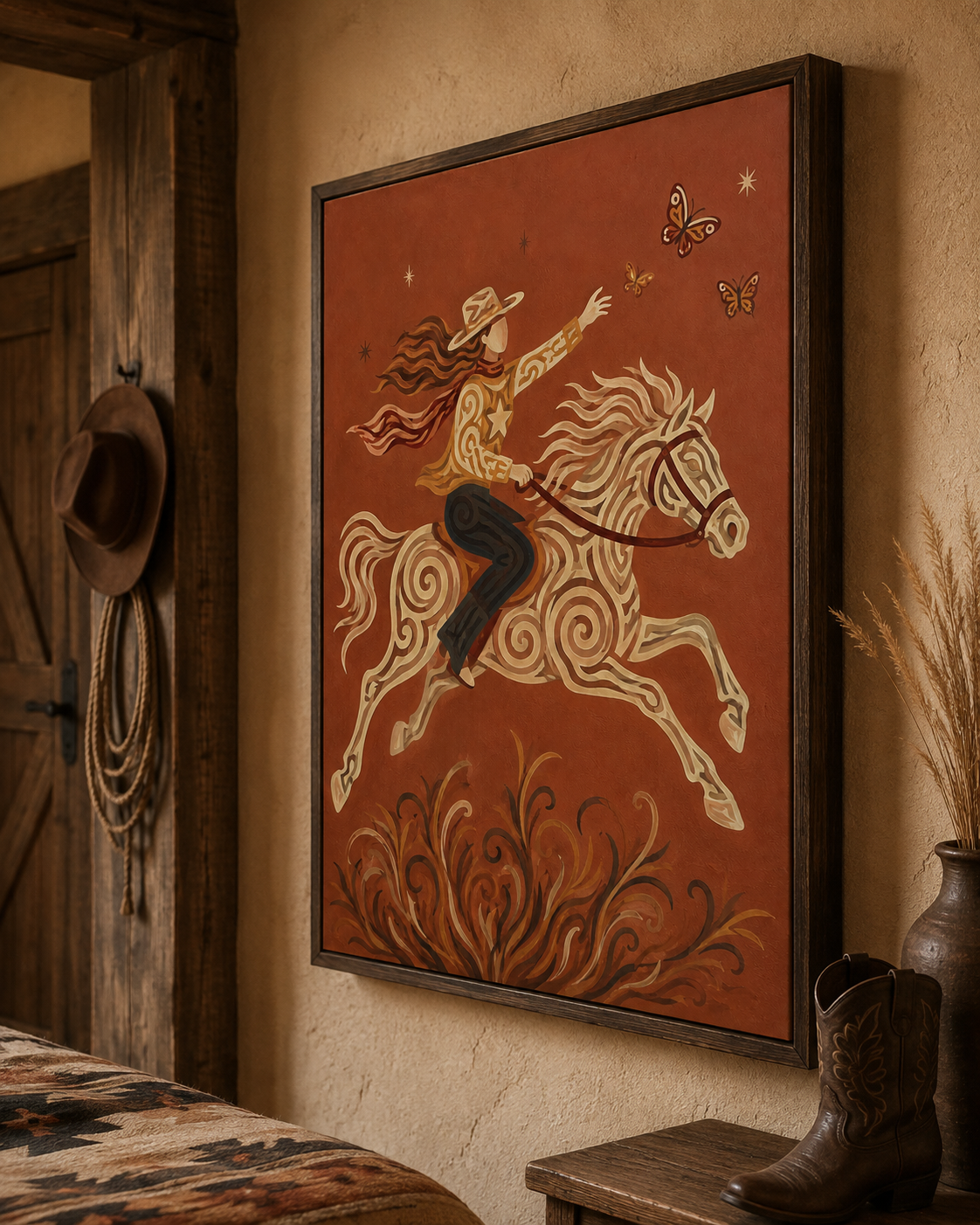 Cowgirl Riding Horse Canvas Painting Hand-Painted Western Art With Butterflies