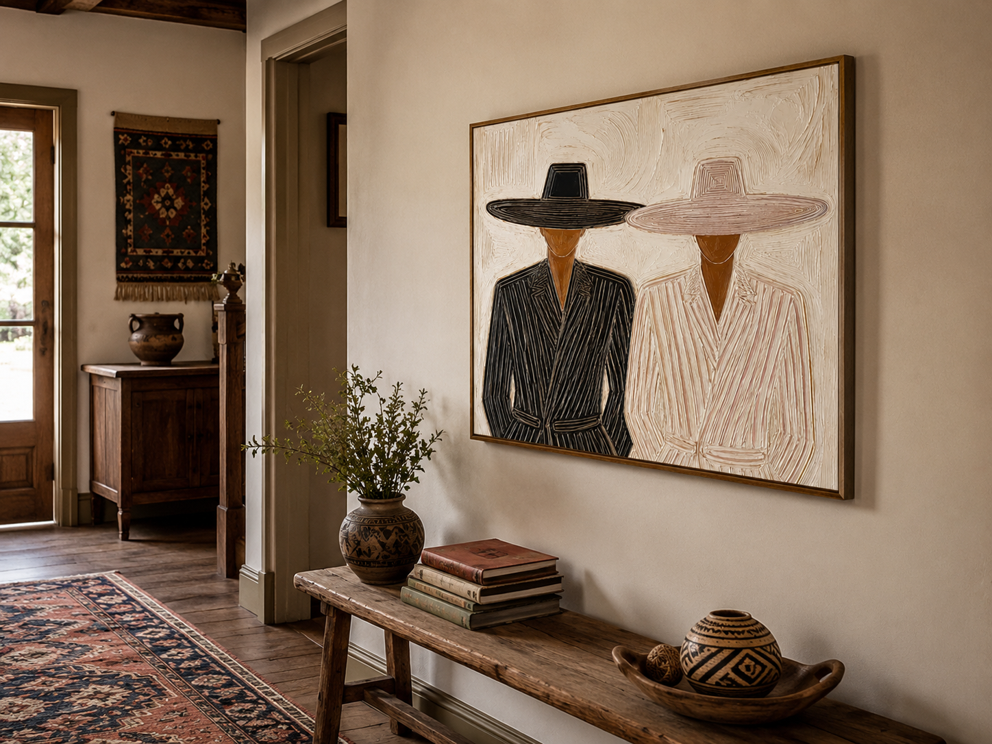 Minimalist Figure Painting With Hats For Modern Living Room Decor In Beige And Black