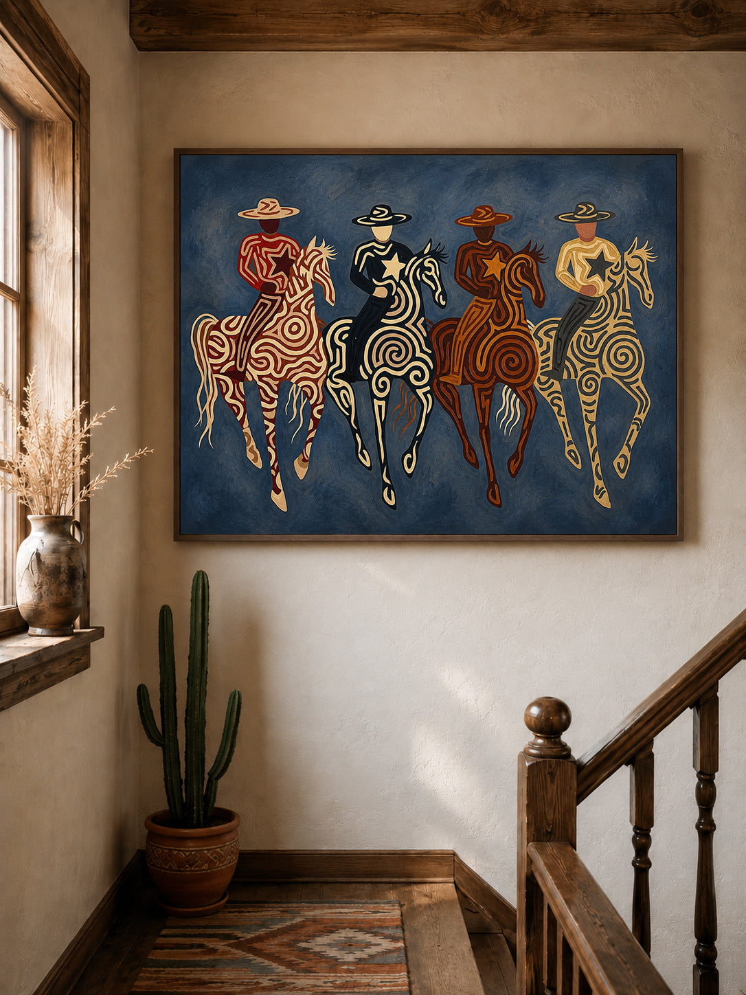 Four Cowboy Riders Painting, Navy Blue Western Horse Art, Southwestern Folk Wall Decor