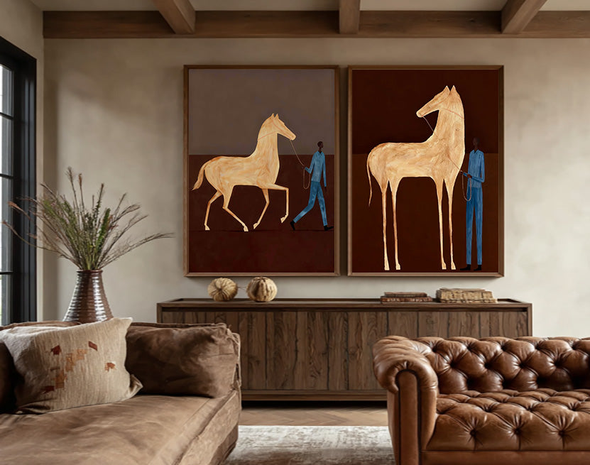 Vintage Brown Horse Painting Set With Blue Figure For Modern Home Decor