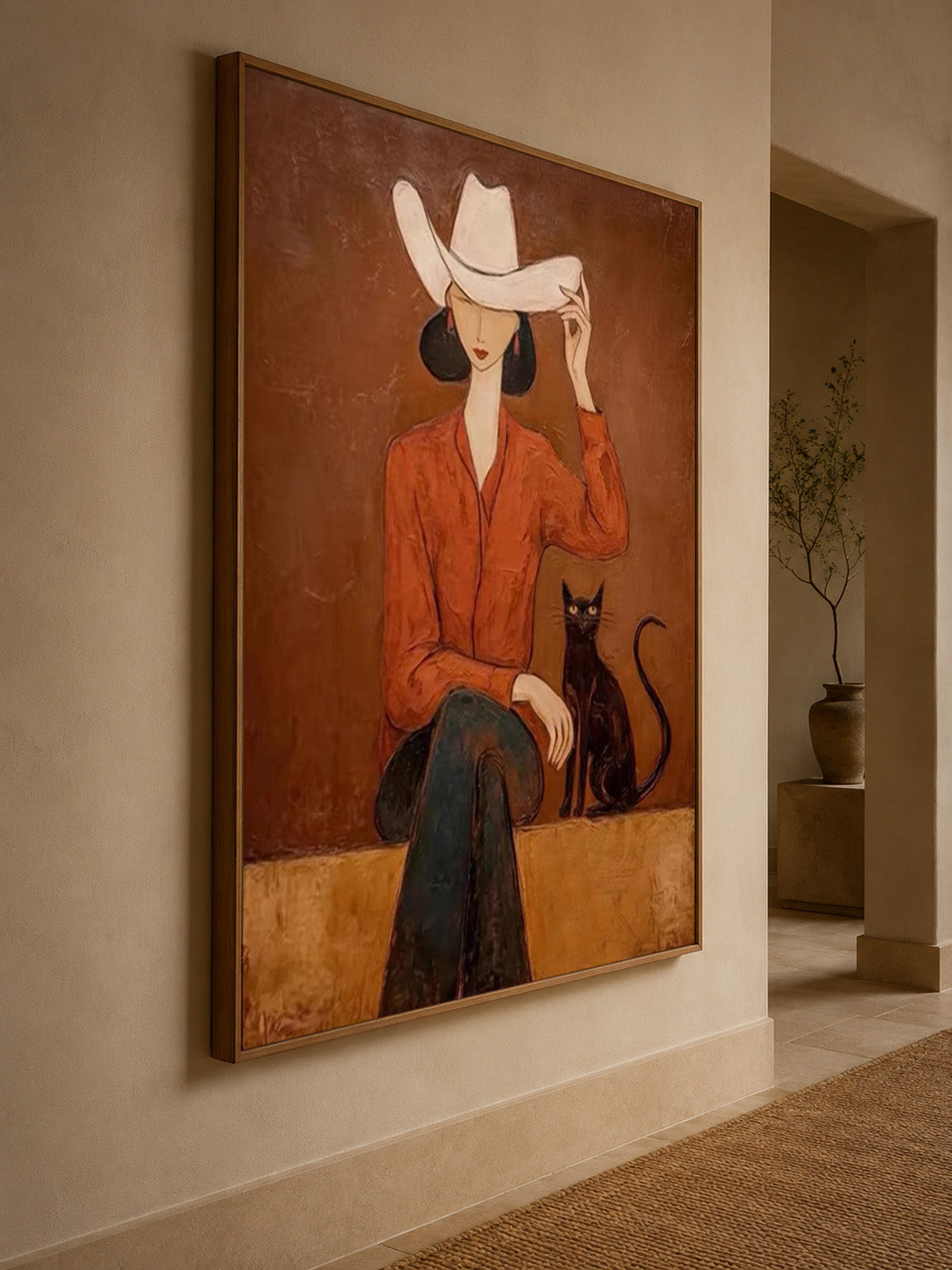 Modern Western Woman Oil Painting With Black Cat In Earthy Tones For Living Room Decor