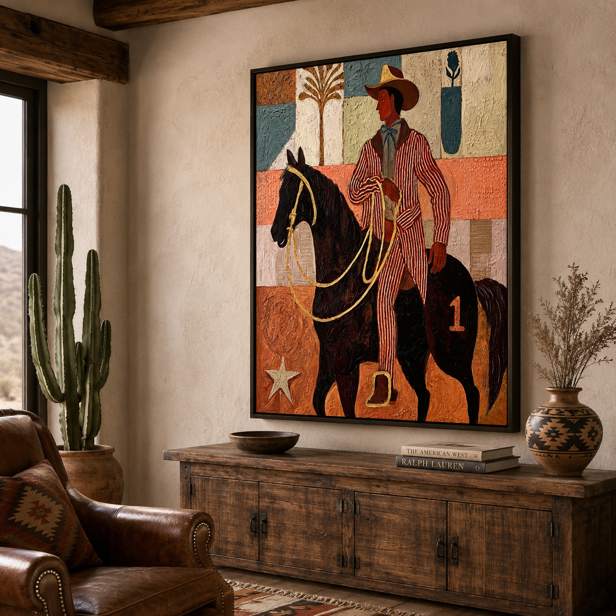 Vintage Cowboy Painting On Horse With Textured Canvas For Western Home Decor