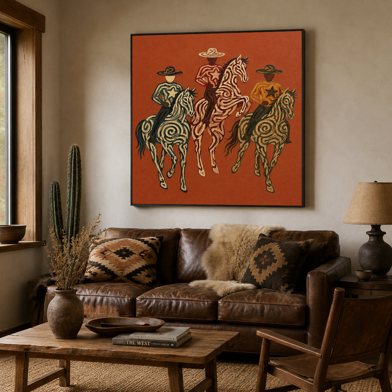 Red Western Cowboys Painting, Desert Horse Riders, Southwestern Ranch Landscape Wall Art