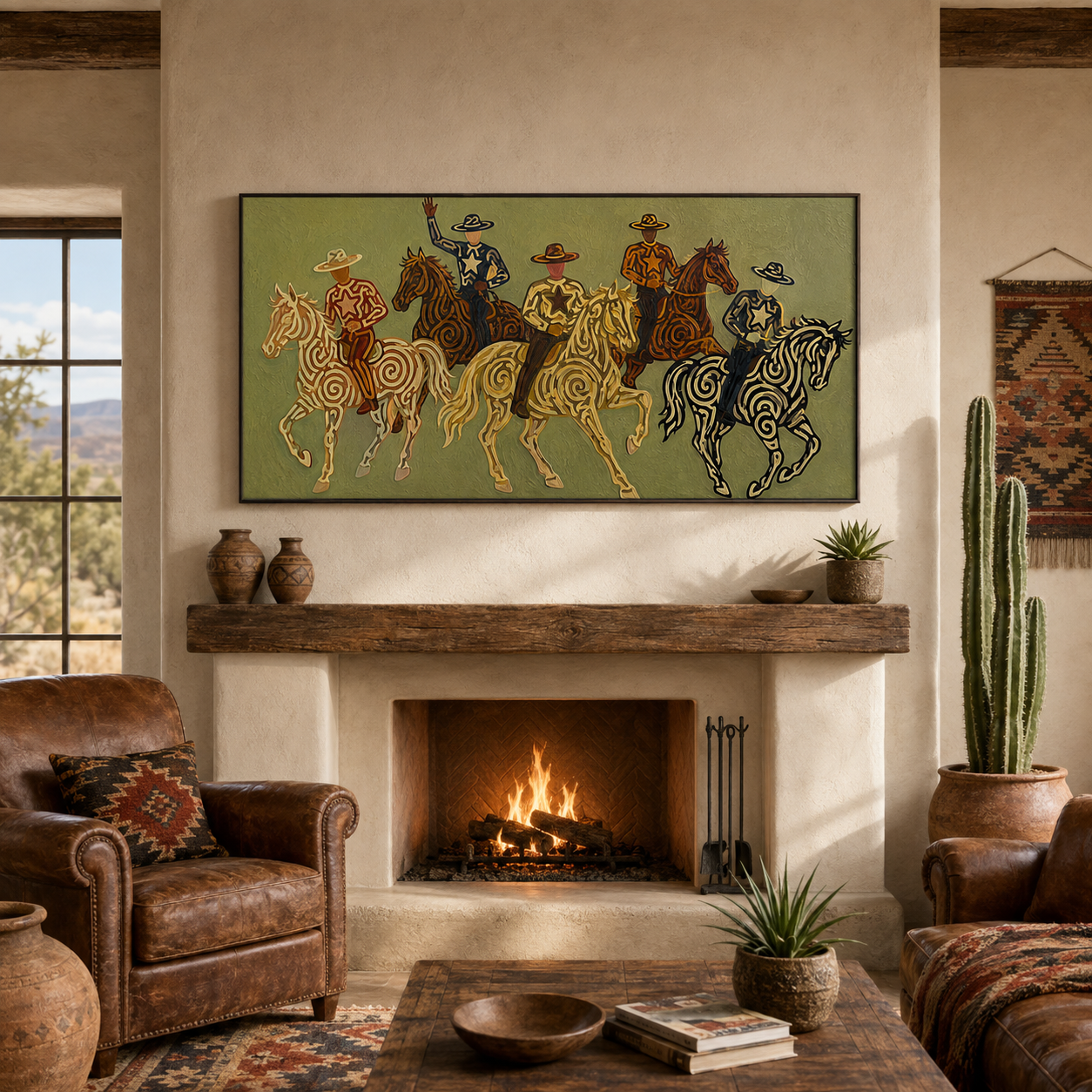 Olive Green Cowboy Riders Painting, Panoramic Western Horse Art, Modern Southwestern Decor